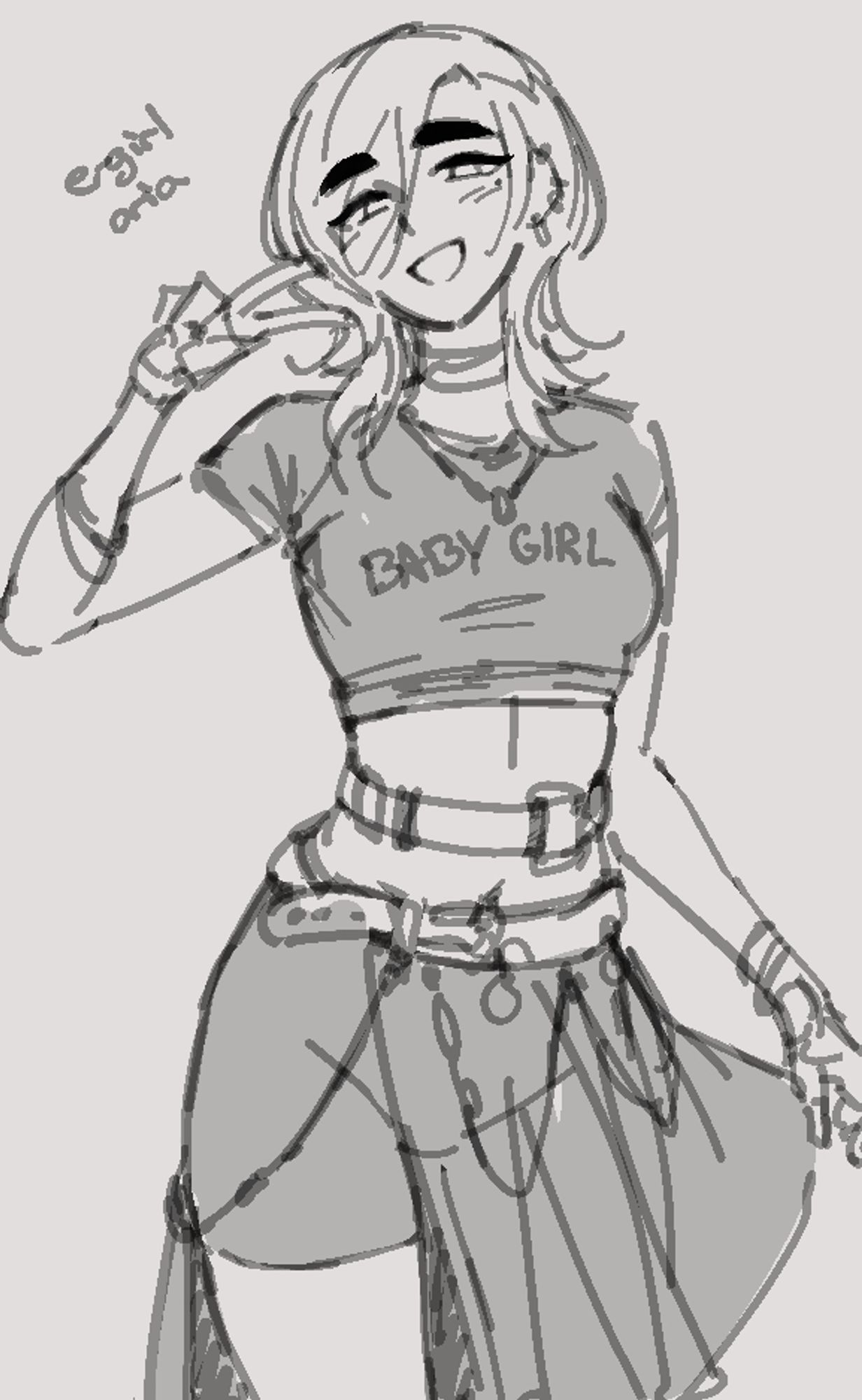 Aria in e-girl attire. She's flashing a peace sign at the viewer.