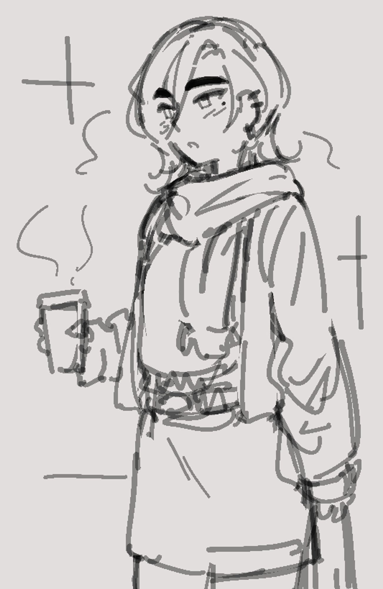 Aria holding a hot cup of coffee, wearing a cold weather outfit.