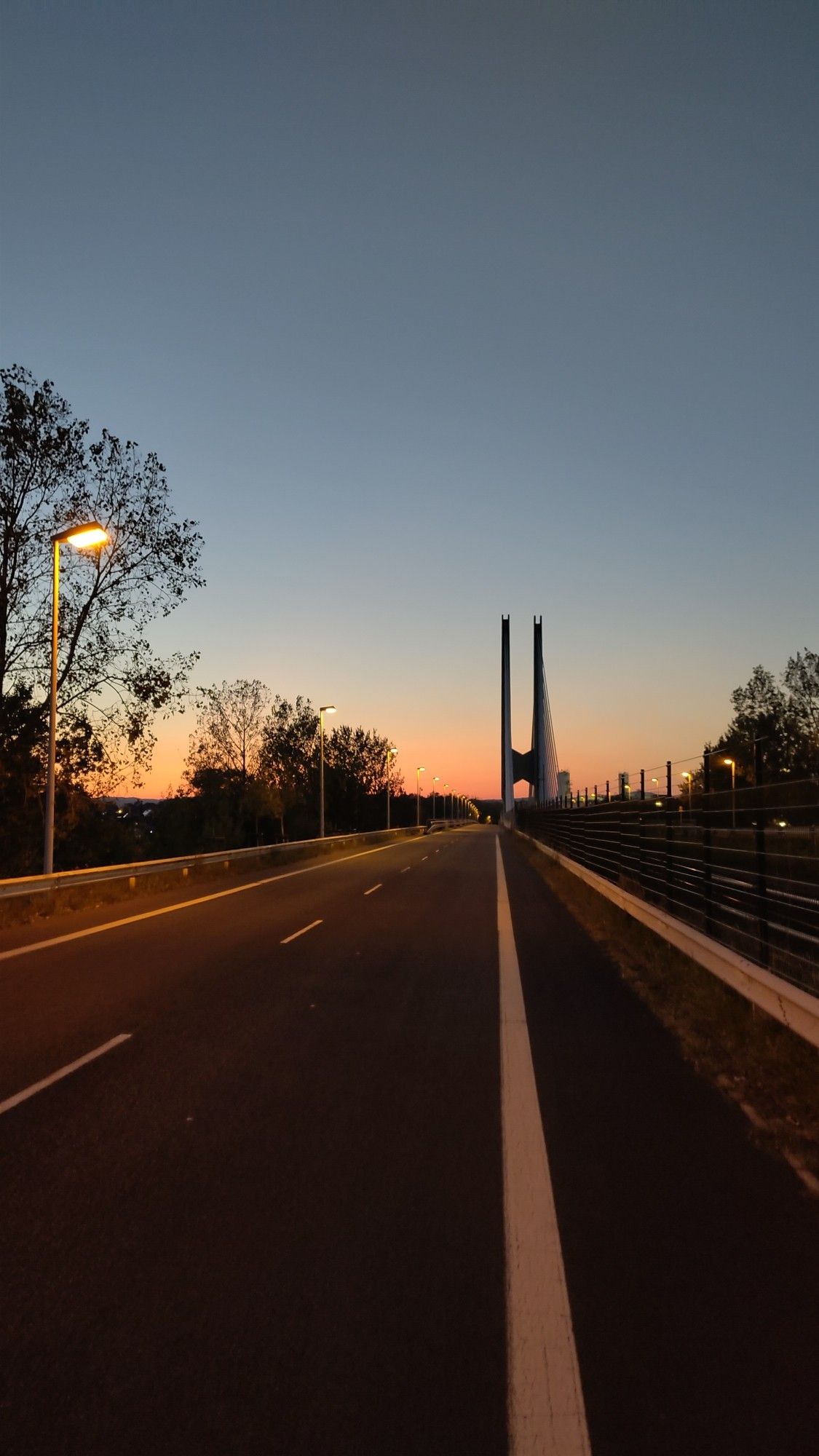 Radweg über die Werksbrücke West am Industriepark Höchst im letzten Sonnenlicht.