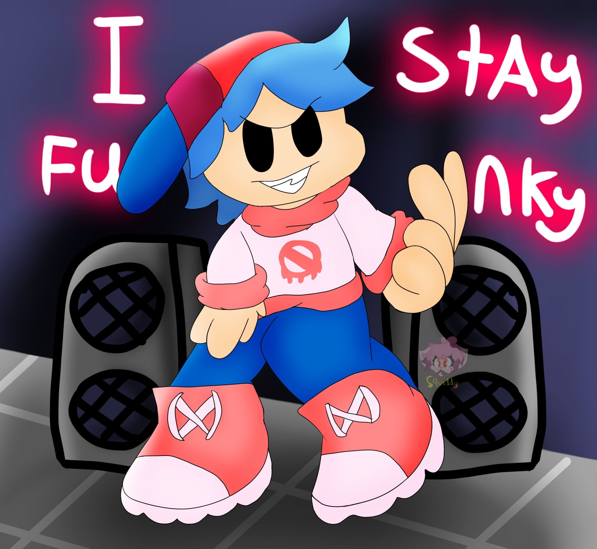 Hit Newgrounds game, Friday Night Funkin boyfriend with speakers behind him with text on the wall saying "I Stay Funky"