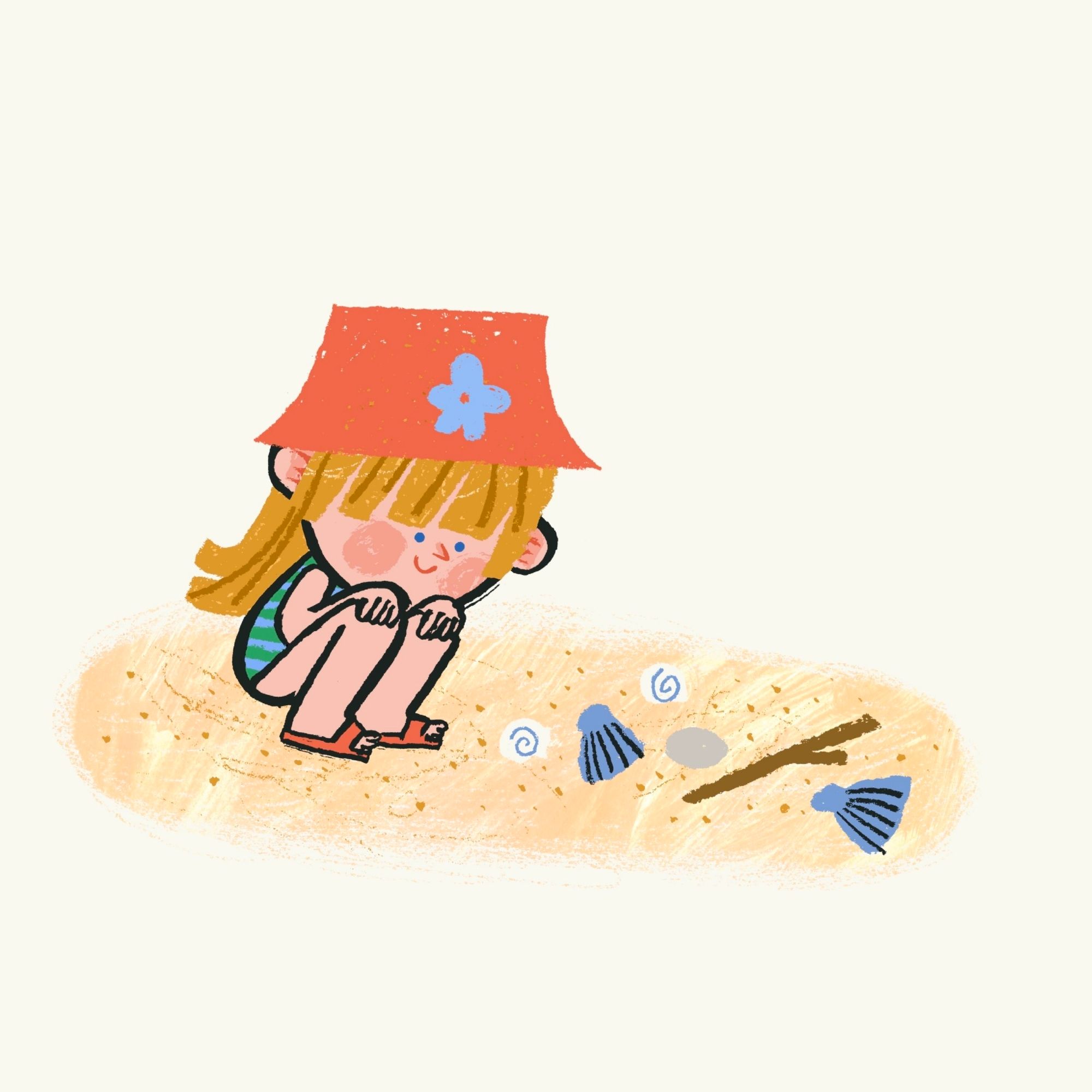 Illustration of a little girl on the sand, wearing a swimsuit and a bucket hat, squatting and looking at seashells, snail shells, a stick, and a rock