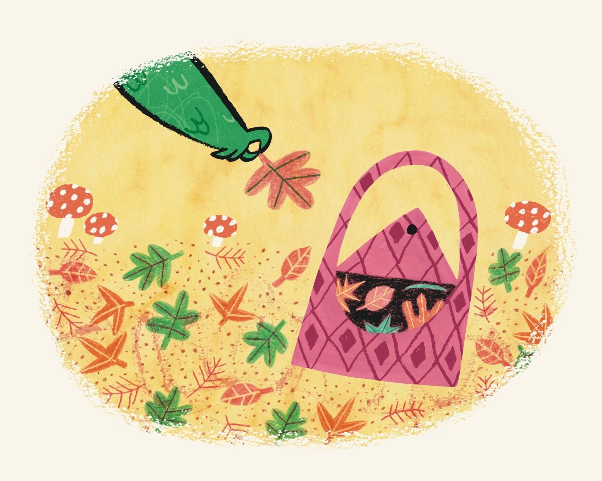 Spot illustration of a dragon's hand putting an orange leaf inside an open purse full of leaves