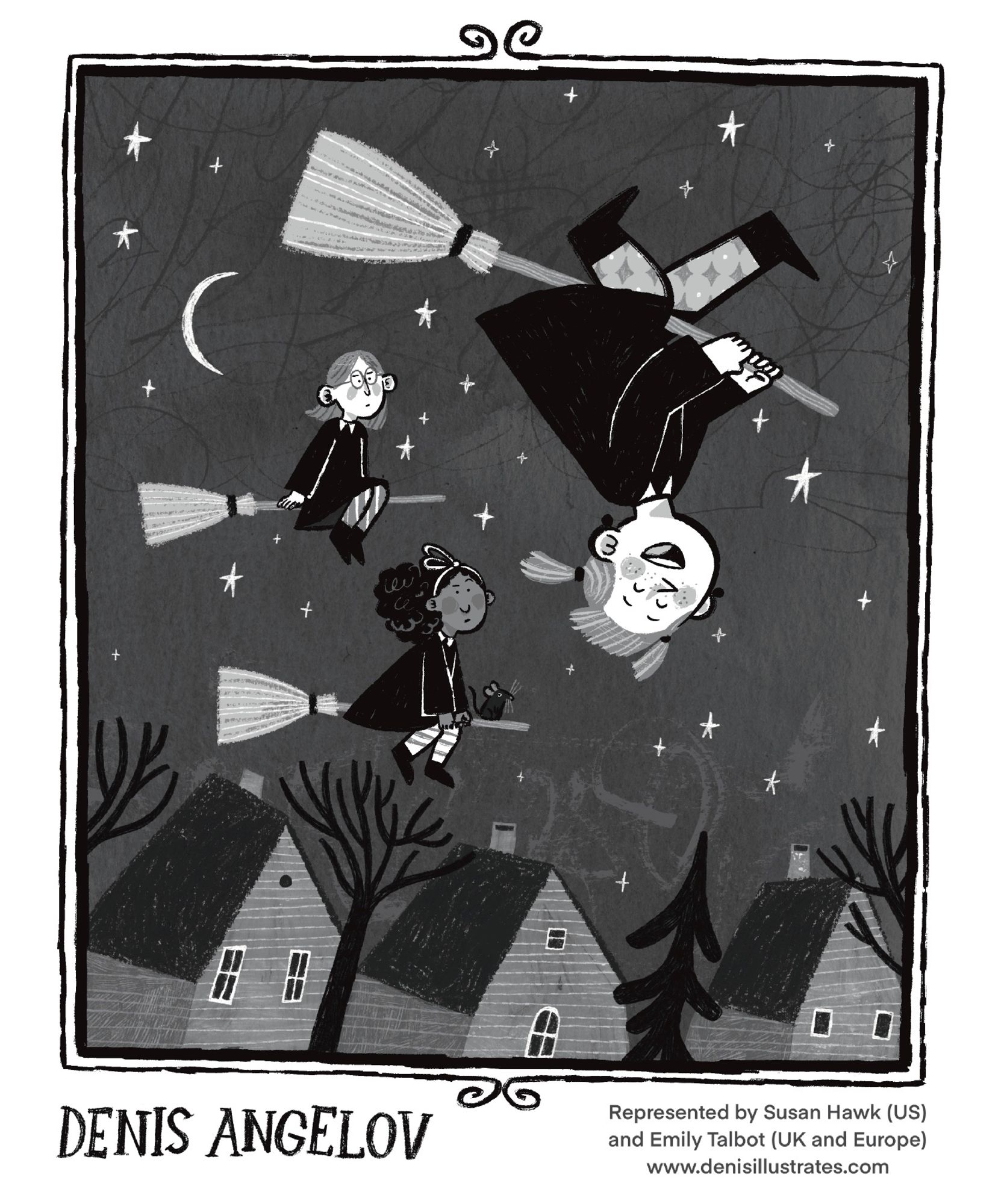 Night-time black and white illustration of a young witch riding her broom upside down, while two other young witches look on annoyed