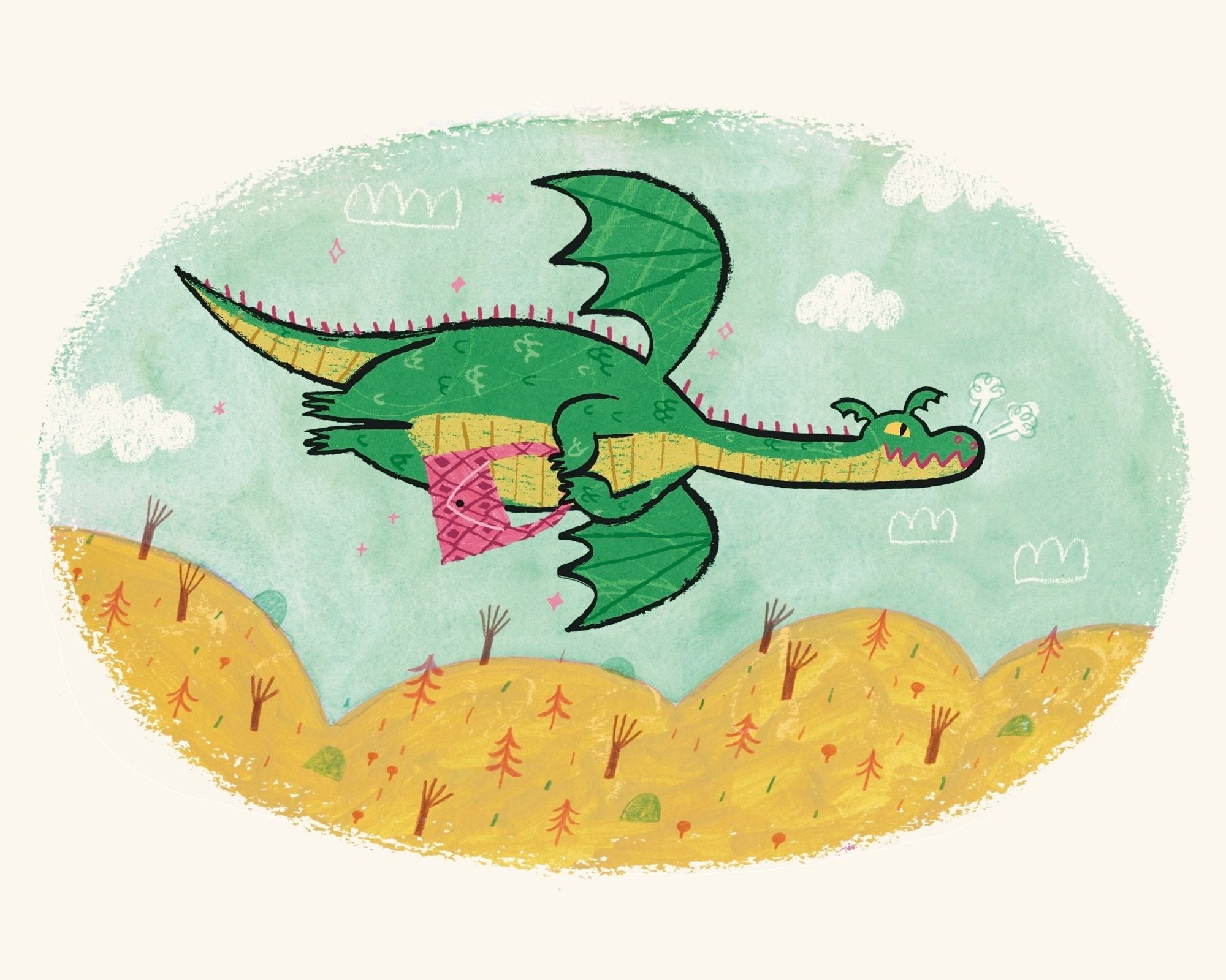 Illustration of a green dragon flying above yellow hills, carrying a pink purse