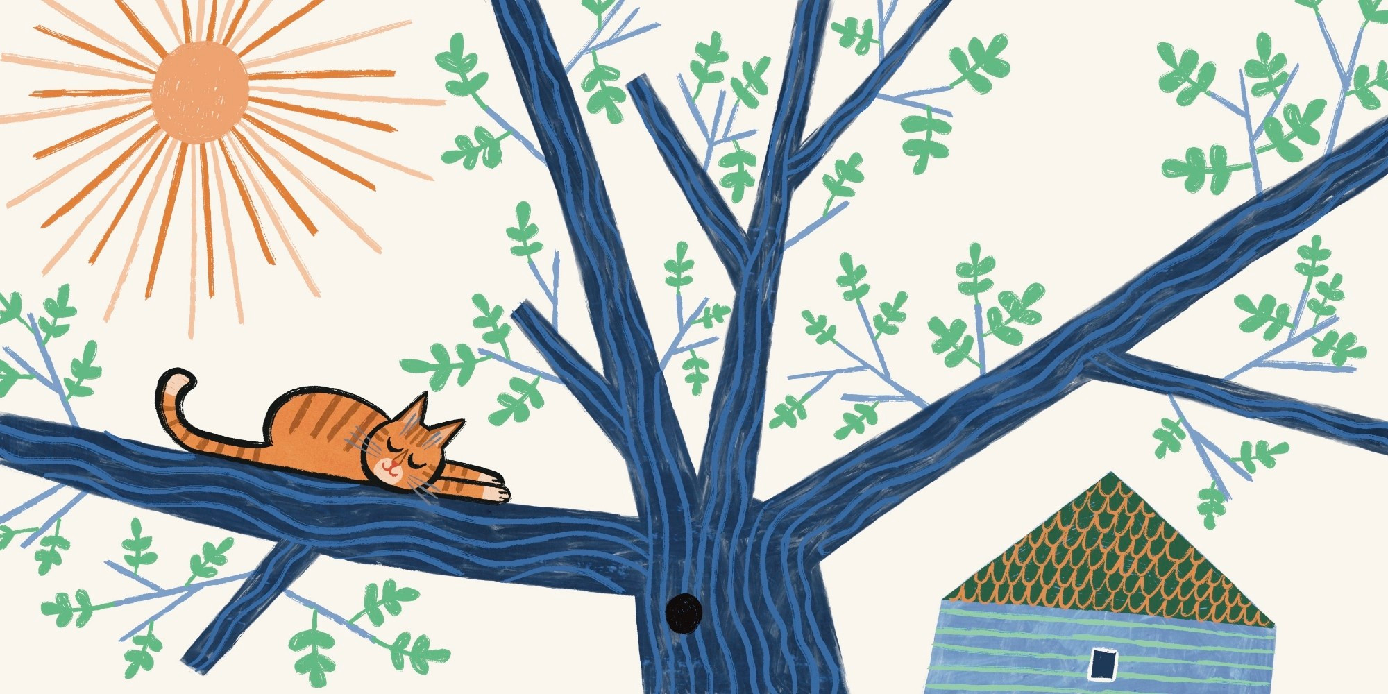 Illustration of a cat napping in the sun on a tree branch