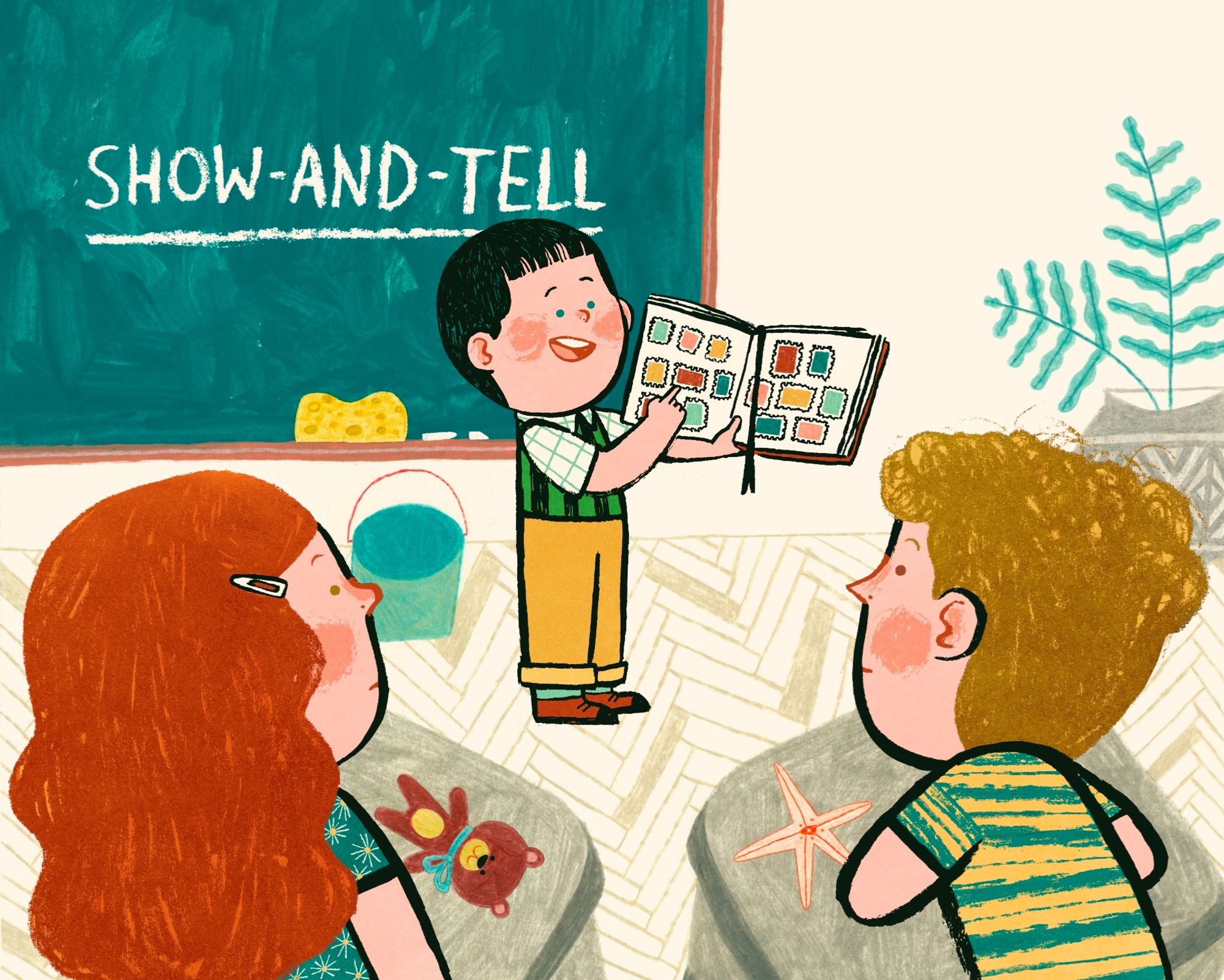 Illustration of a boy in showing a stamp album, in front of a black board that says "show-and-tell". There are a boy and a girl looking at him with confusion from the front two desks