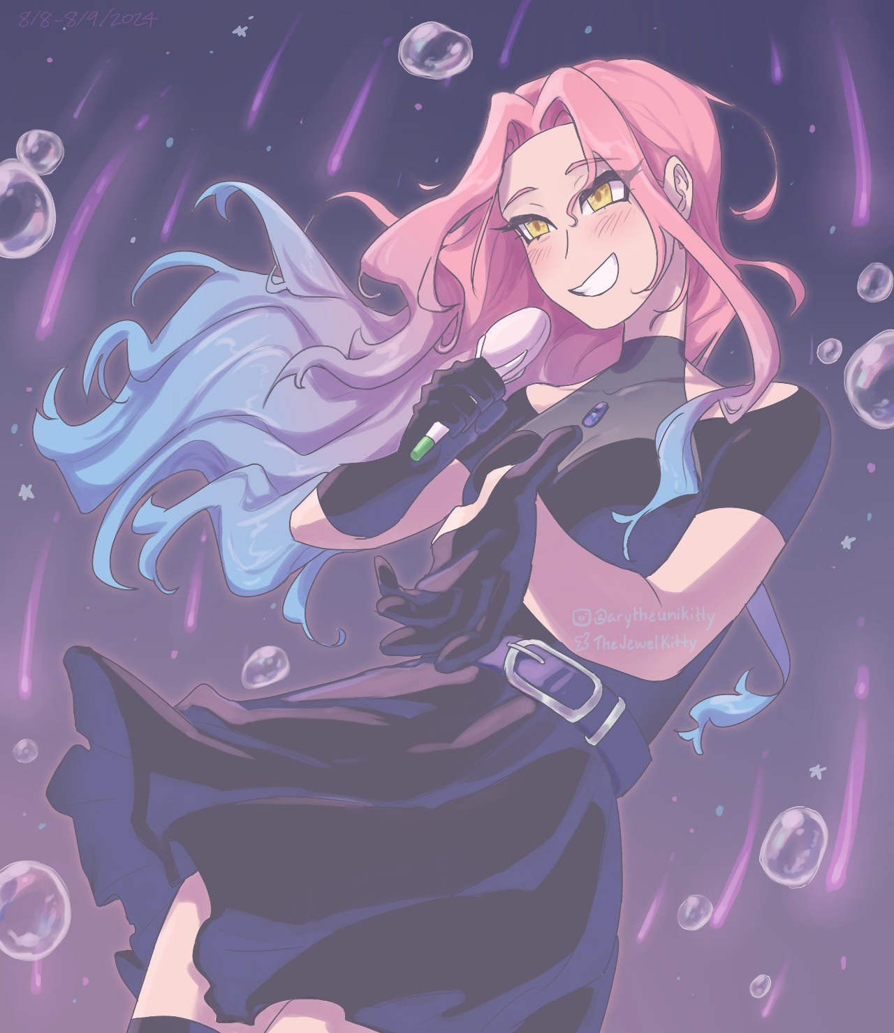 round 1 mizi singing while surrounded by bubbles and falling pink lights. she is smiling at someone off-screen while offering her left hand to them