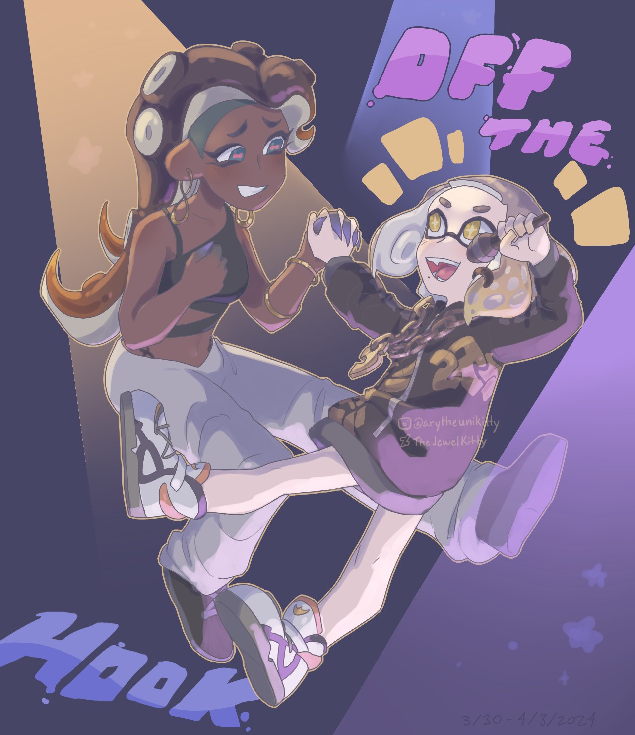 pearl and marina holding each other's hand as pearl raps about marina. marina is smiling while looking at pearl and pearl is holding a microphone to her mouth