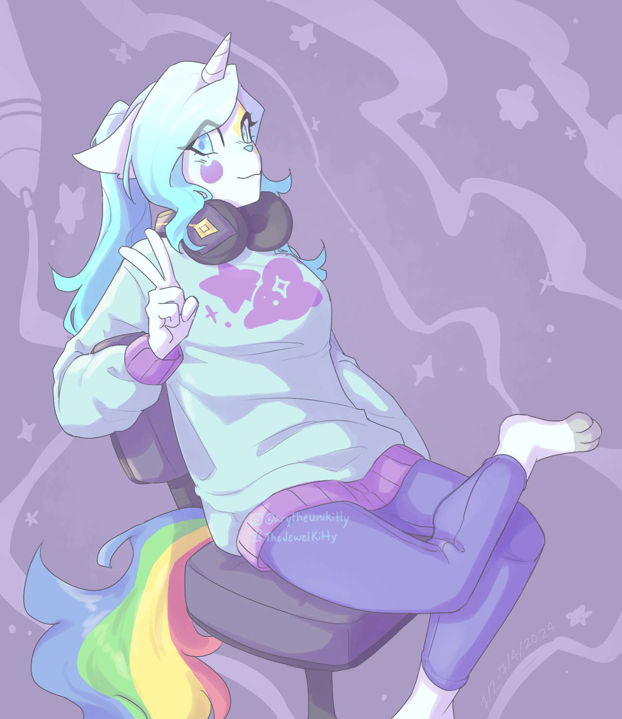 ary leisurely leaning back in a chair with headphones around her neck. she's grinning at the camera while doing a peace sign