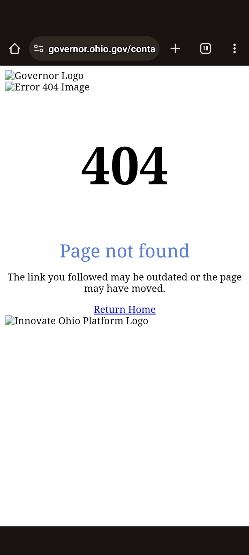 404 page for contact the governor of Ohio