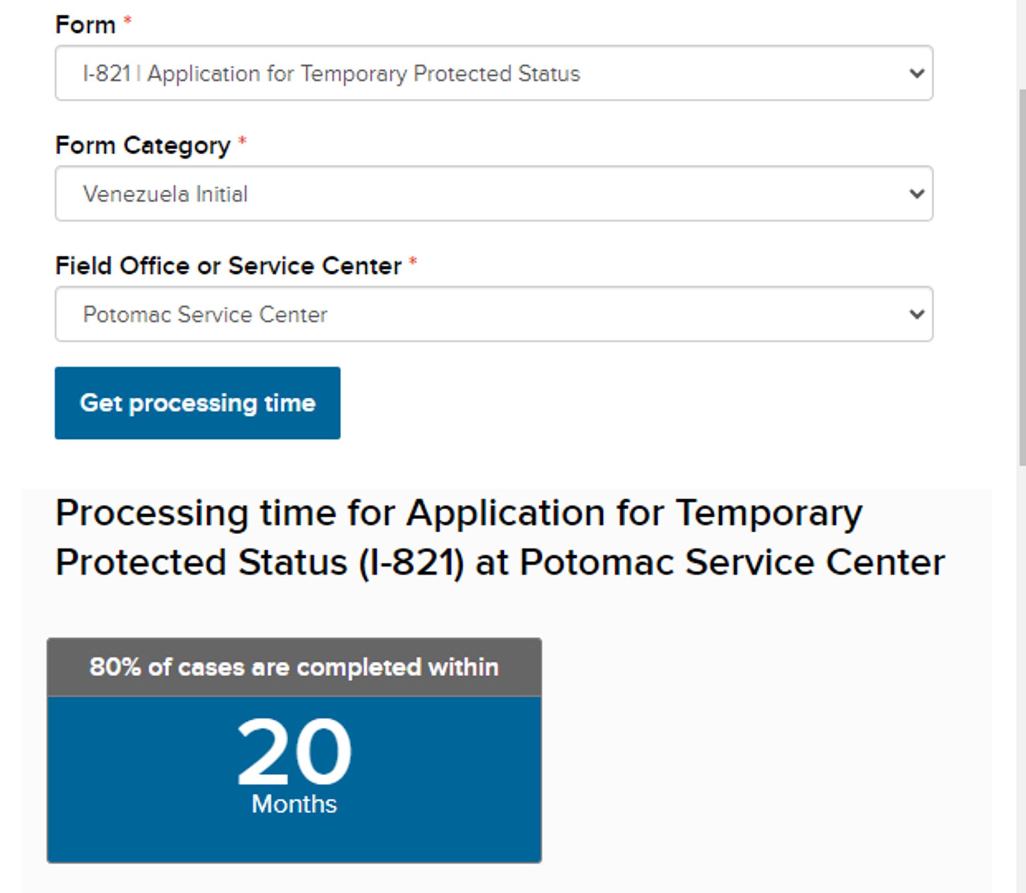 Screen shot of USCIS processing time estimate website showing 80% of initial TPS applications for Venezuelans are completed within 20 months.