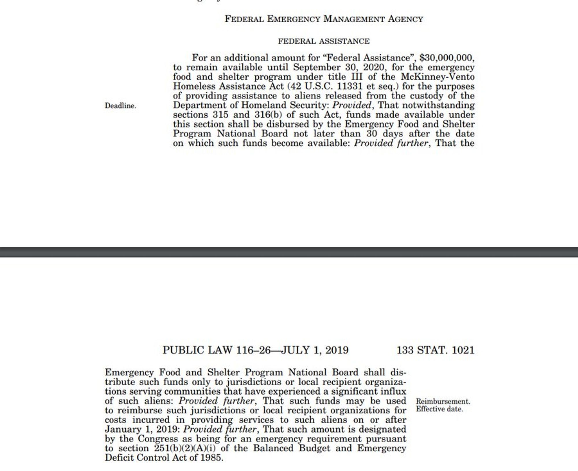 Screenshot of Public Law 116-26, July 1, 2019, showing Congress appropriating $30 million to FEMA for its Emergency Food and Shelter Program National Board to allocate to "... jurisdictions or local recipient organizations serving communities that have experienced a significant influx of [migrants]: provided further, that such funds may be used to reimburse such jurisdictions ..."