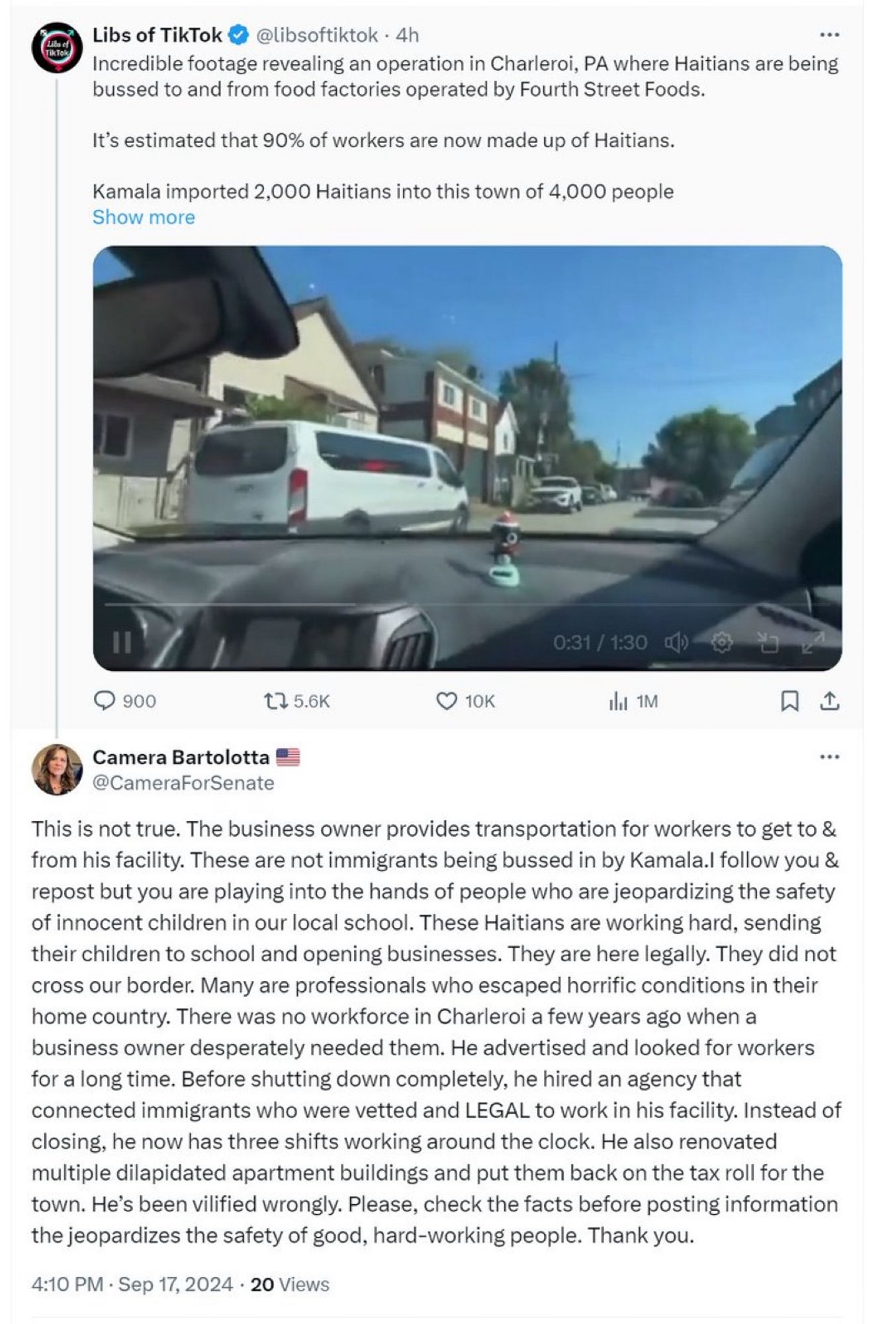 This is not true. The business owner provides transportation for workers to get to & from his facility. These are not immigrants being bussed in by Kamala.I follow you & repost but you are playing into the hands of people who are jeopardizing the safety of innocent children in our local school. These Haitians are working hard, sending their children to school and opening businesses. They are here legally. They did not cross our border. Many are professionals who escaped horrific conditions in their home country. There was no workforce in Charleroi a few years ago when a business owner desperately needed them. He advertised and looked for workers for a long time. Before shutting down completely, he hired an agency that connected immigrants who were vetted and LEGAL to work in his facility. Instead of closing, he now has three shifts working around the clock. He also renovated multiple dilapidated apartment buildings and put them back on the tax roll for the town. He’s been vilified wron