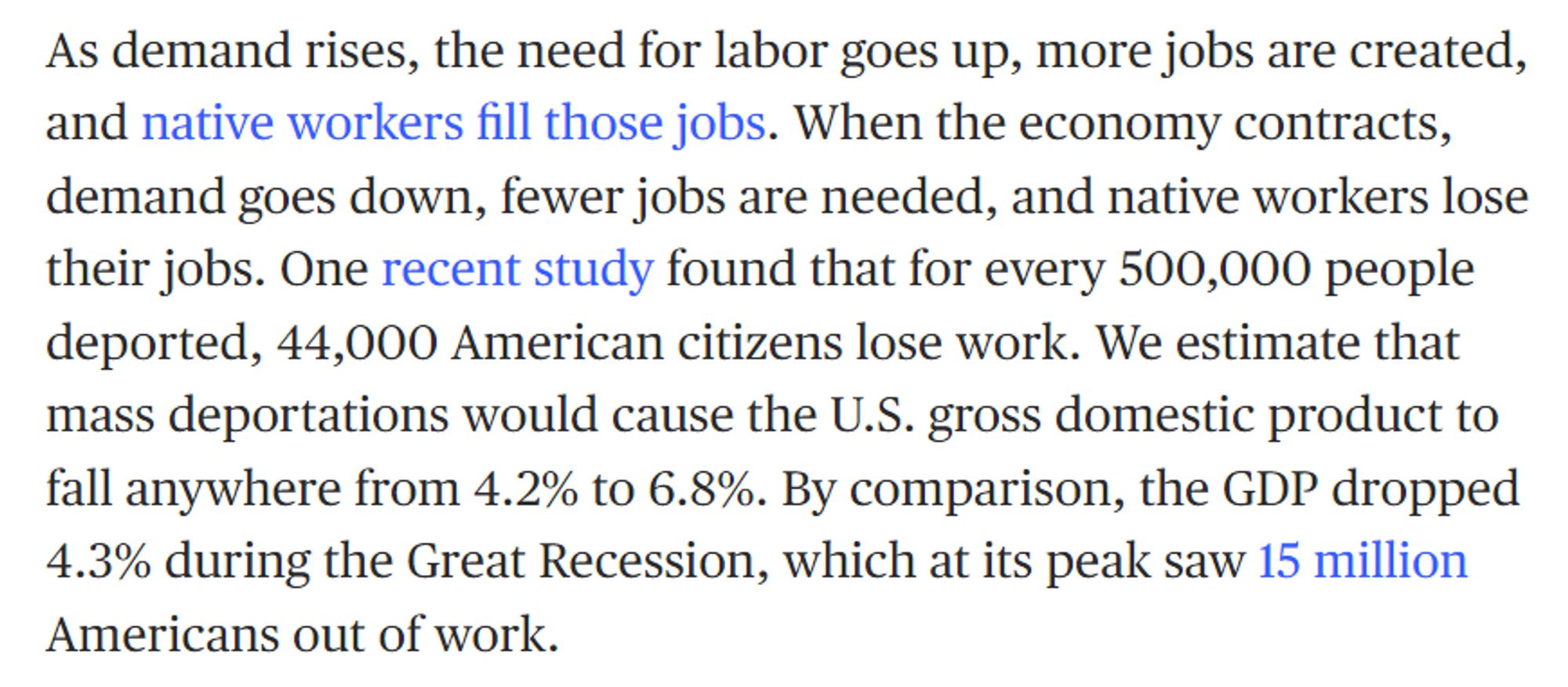 As demand rises, the need for labor goes up, more jobs are created, and native workers fill those jobs. When the economy contracts, demand goes down, fewer jobs are needed, and native workers lose their jobs. One recent study found that for every 500,000 people deported, 44,000 American citizens lose work. We estimate that mass deportations would cause the U.S. gross domestic product to fall anywhere from 4.2% to 6.8%. By comparison, the GDP dropped 4.3% during the Great Recession, which at its peak saw 15 million Americans out of work.