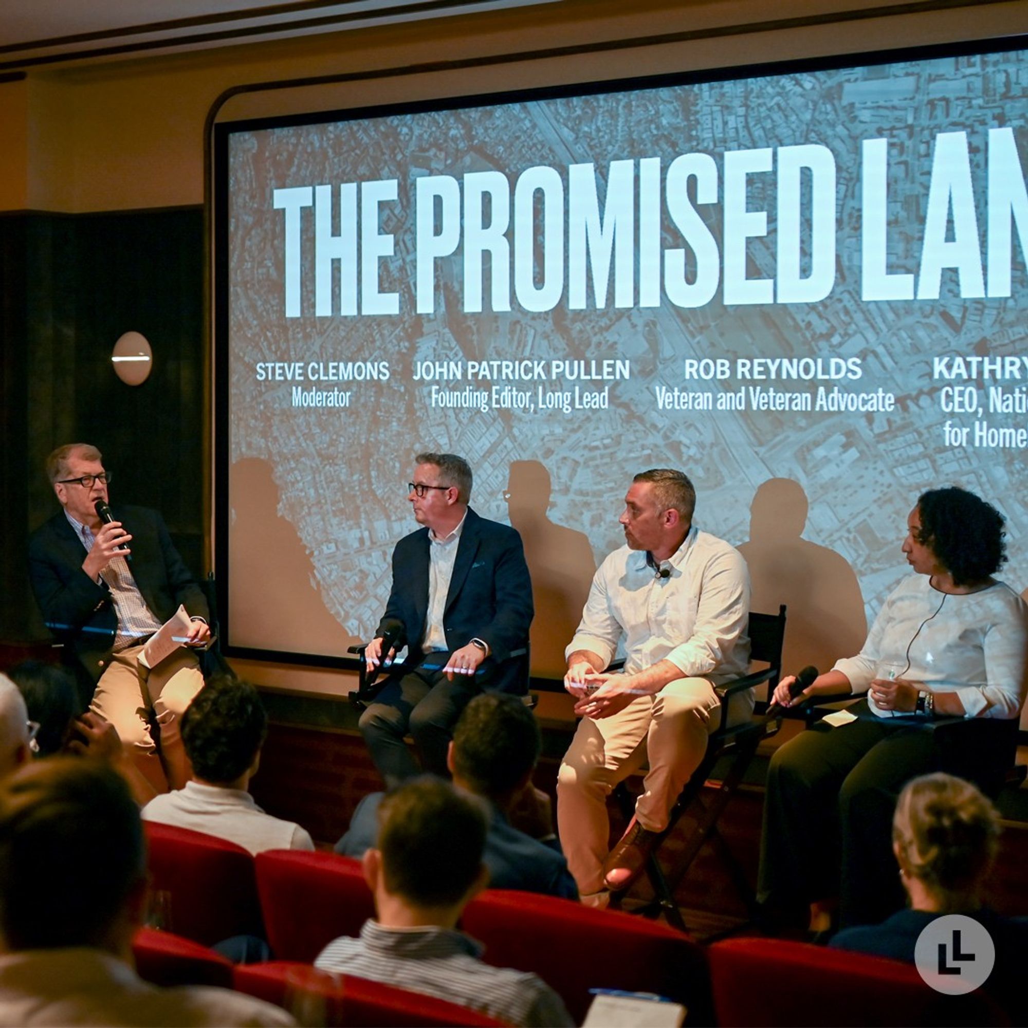 Photo of panelists at "The Promised Land" screening in Washington, D.C., August 1, 2024, Steve Clemons (Moderator), John Patrick Pullen (Founding Editor, Long Lead), Rob Reynolds (Veteran and Veteran advocate), Kathryn Monet (CEO of the National Coalition for Homeless Veterans).