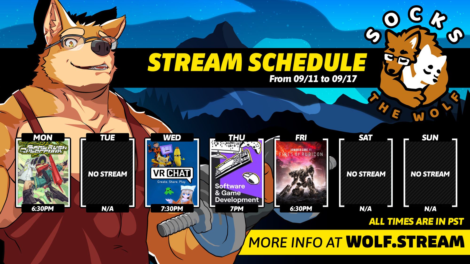 It's the schedule image, all the scheduled streams are in the tweet. Timezone is PT. And you can see it on https://wolf.stream