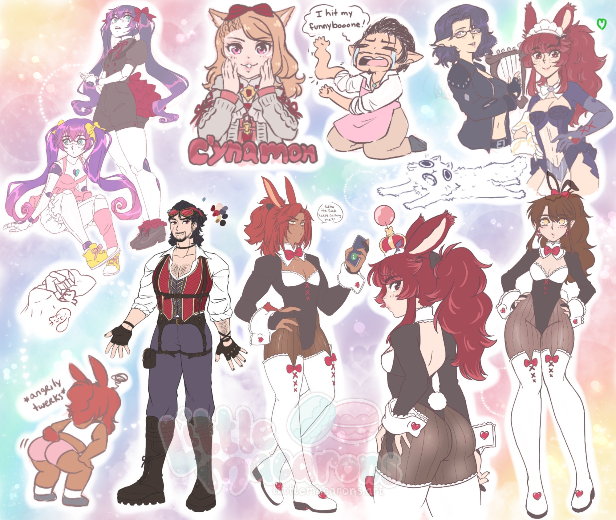 various scribbled doodles of characters done during prancing moogle art parties in final fantasy xiv