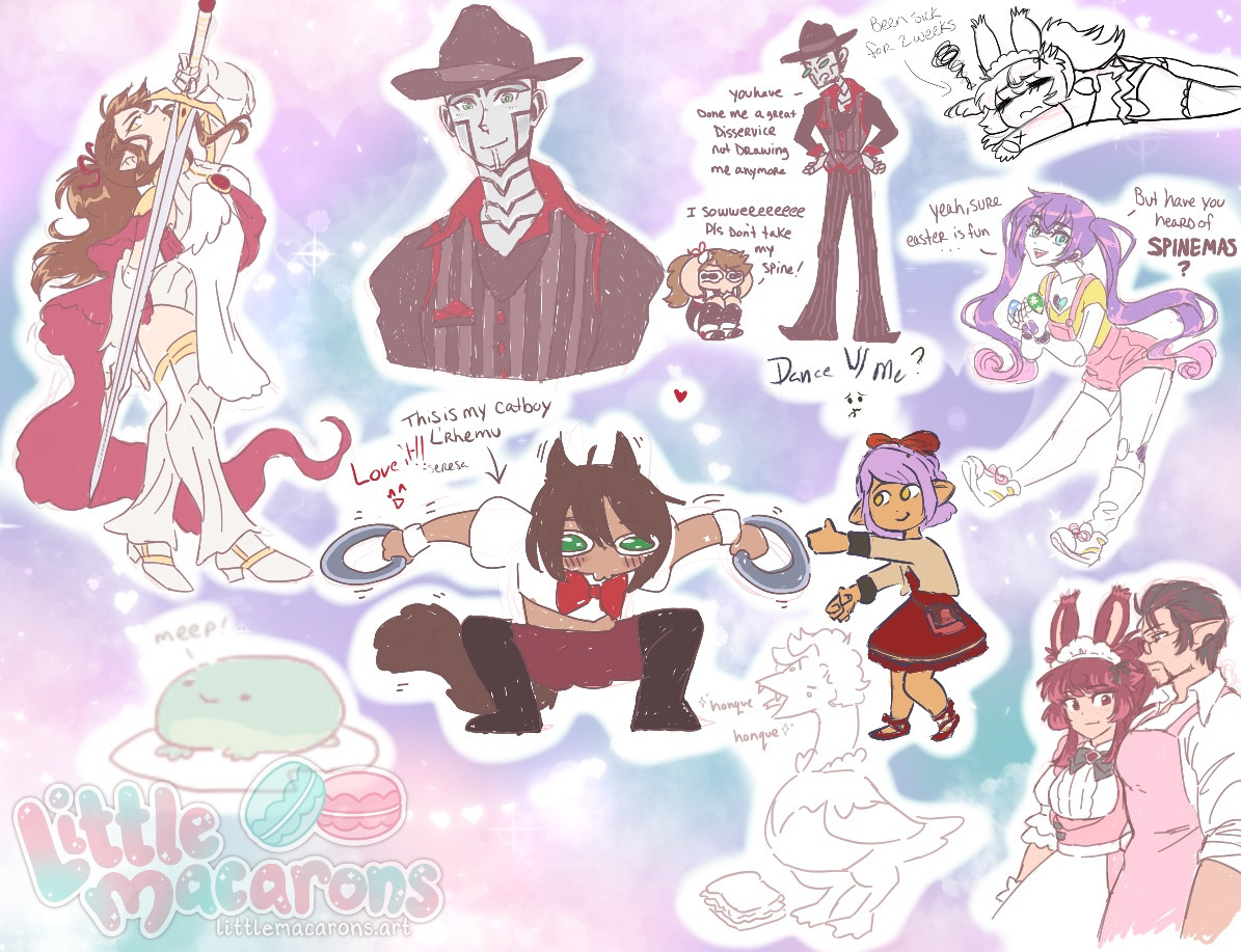 various scribbled doodles of characters done during prancing moogle art parties in final fantasy xiv, and also the spine from steam powered giraffe is there