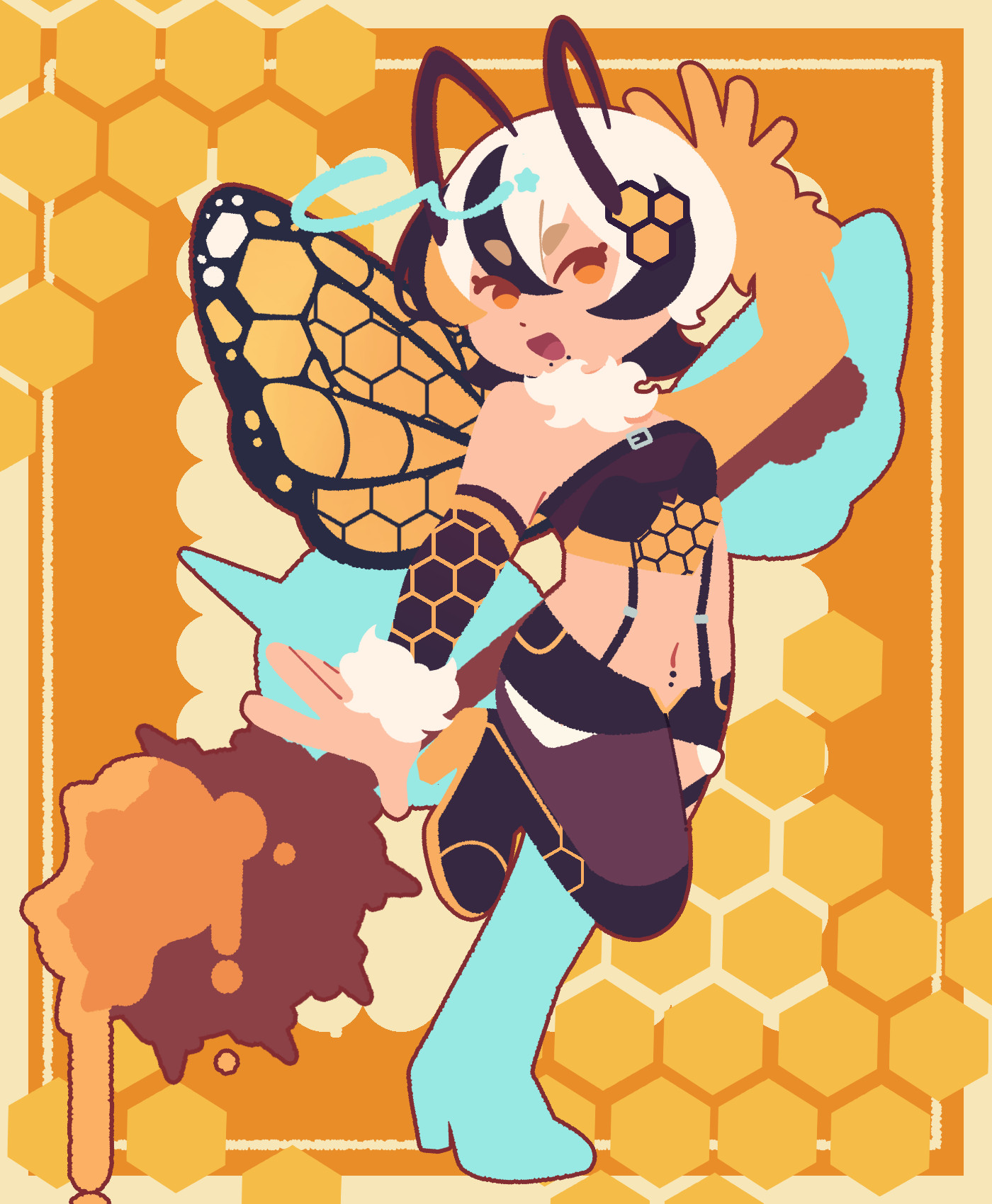 A stylized illustration of a bee-inspired character (Jinx) with short white and black hair, large honeycomb-patterned wings, and honeycomb motifs on their outfit. The character is wearing a black and yellow cropped top with honeycomb designs, armguards, and thigh-high boots in contrasting colors of black, gold, and teal. They hold a large honey mace dripping with honey, and their expression is dynamic, with one arm extended. The background features honeycomb patterns in warm shades of orange, yellow, and gold.