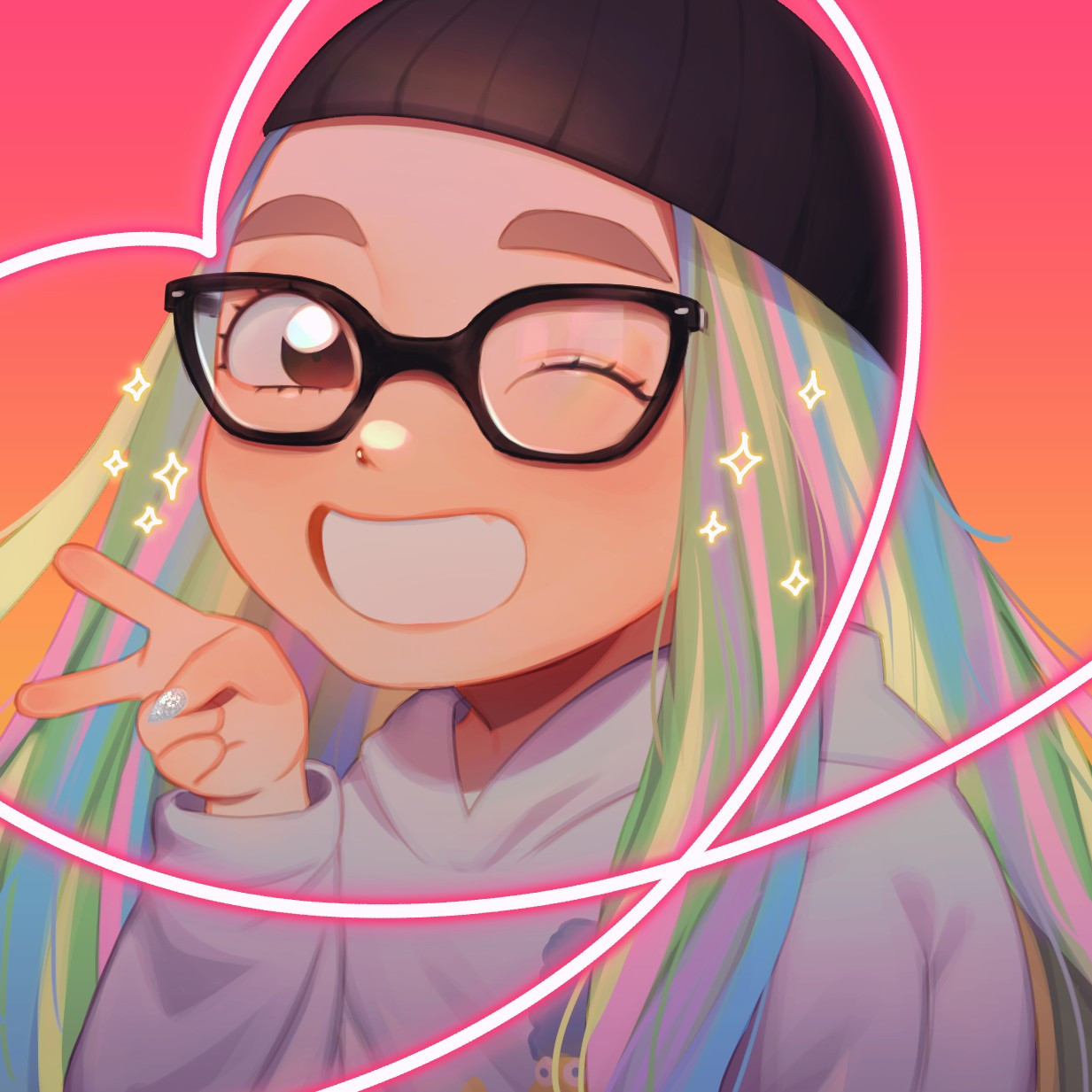 an illustration of a girl with rainbow coloured hair wearing a black beanie and grey sweater holding her hand in some sort of bisexual hand signal, there are sparkles and a glowing heart outline surrounding her