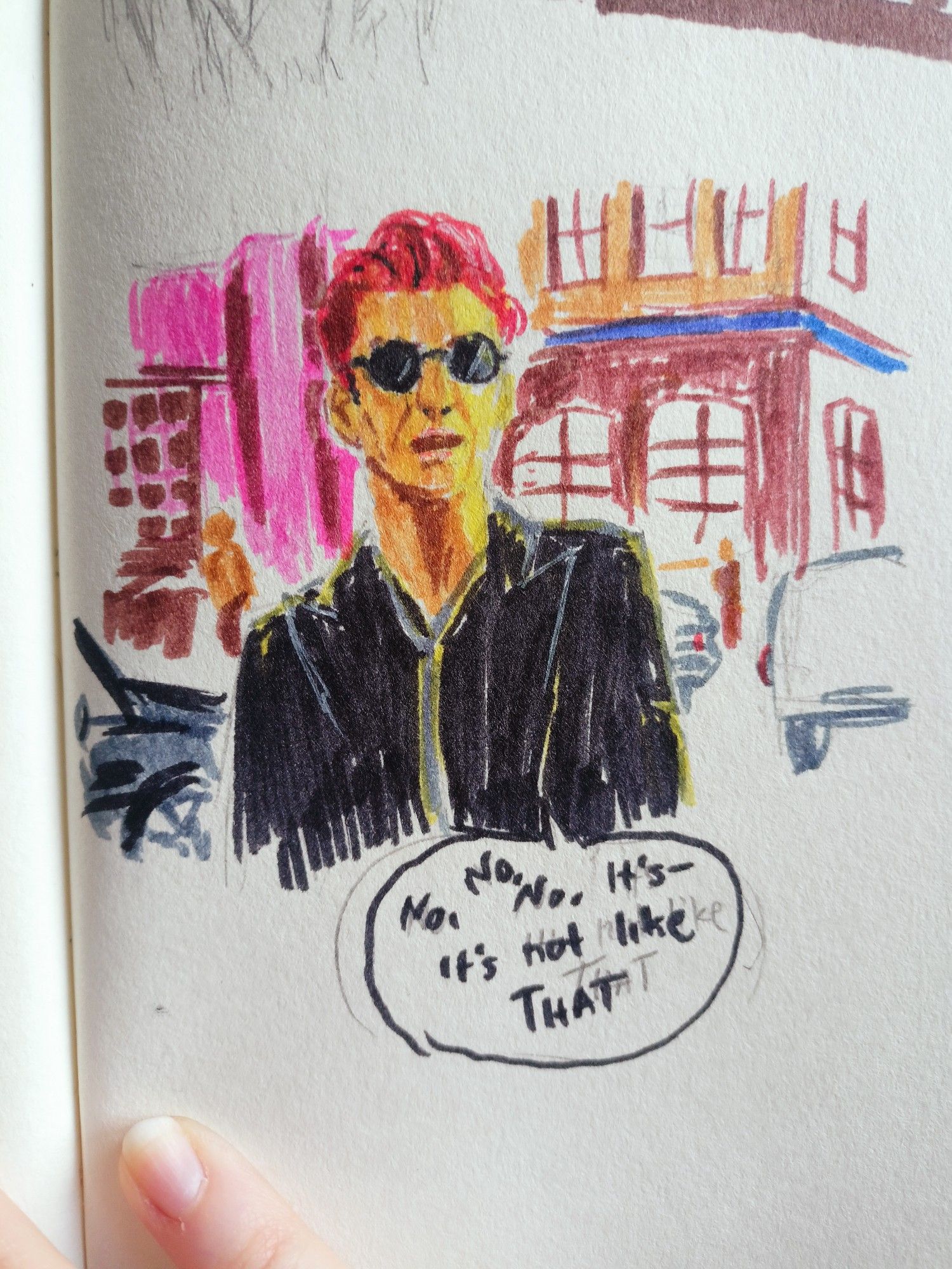 Loose redraw Crowley saying "no no no it's- it's not like That" with simple markers. The background is very messy but that's the point :)