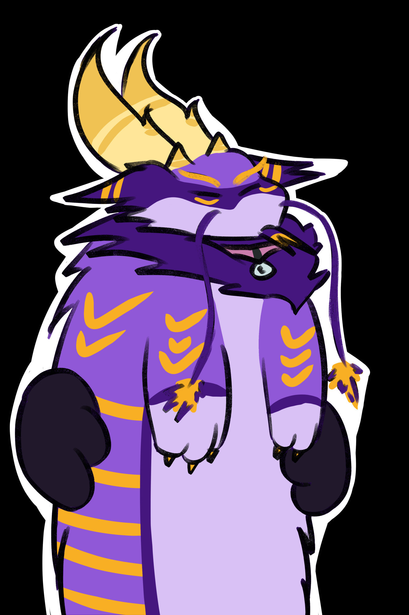 chibi styled drawing of a purple and gold noodle dragon being held up by a pair of paws