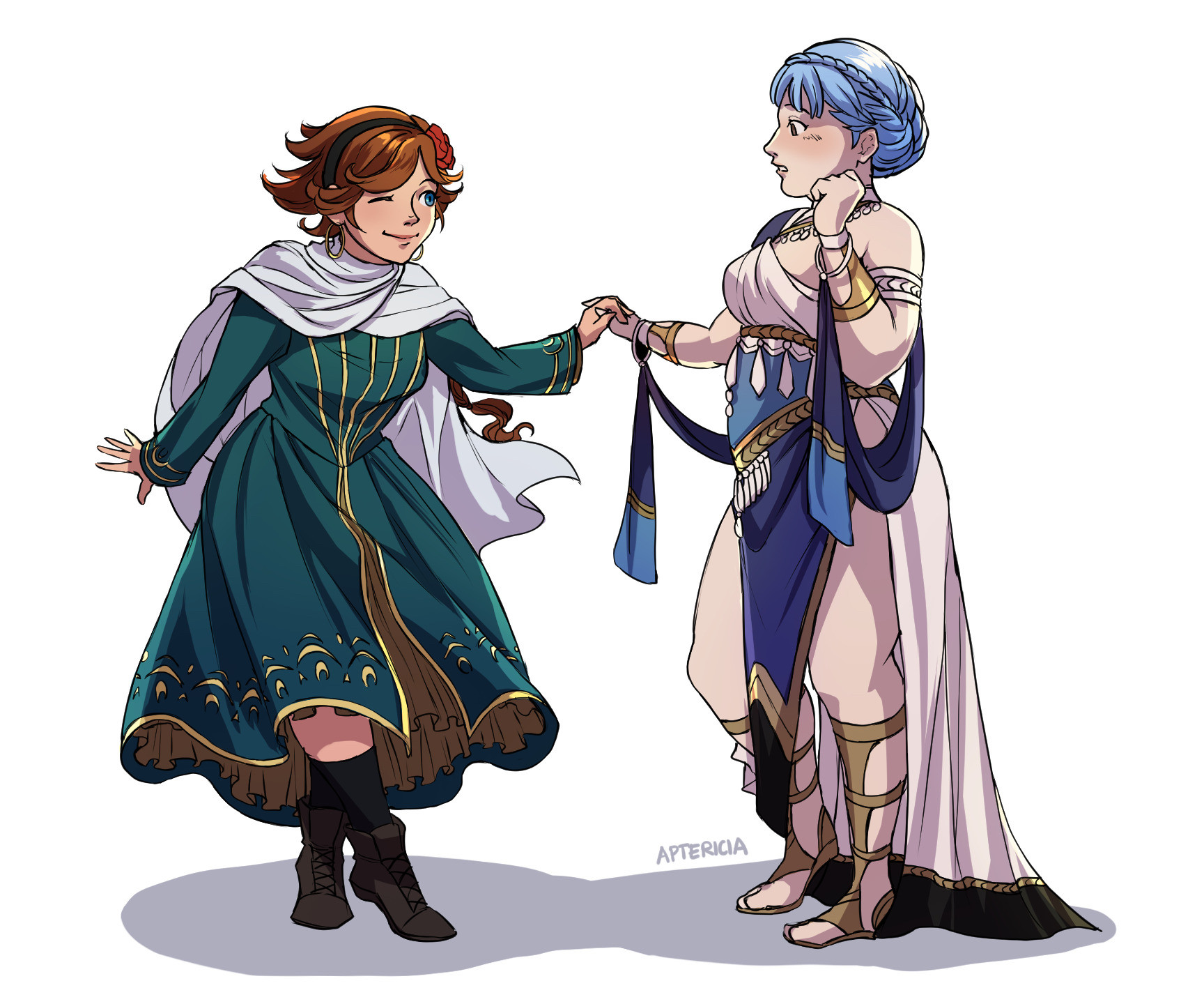 digital fanart of Agnea from Octopath Traveler 2 and Marianne from Fire Emblem: Three Houses. Agnea, wearing her Cleric job outfit, happily takes Marianne's hand. Marianne wears her Dancer class outfit and looks surprised