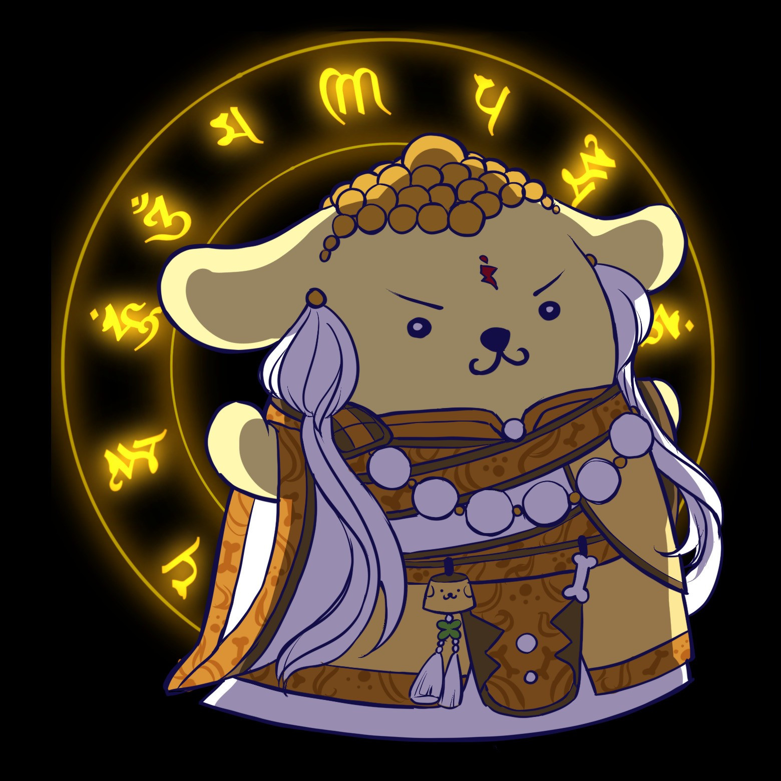 a digital drawing of Pompompurin from Sanrio dressed as Yi Ye-Shu from PILI. He is raising one paw and has a glowing circle behind him that bears a Buddhist prayer