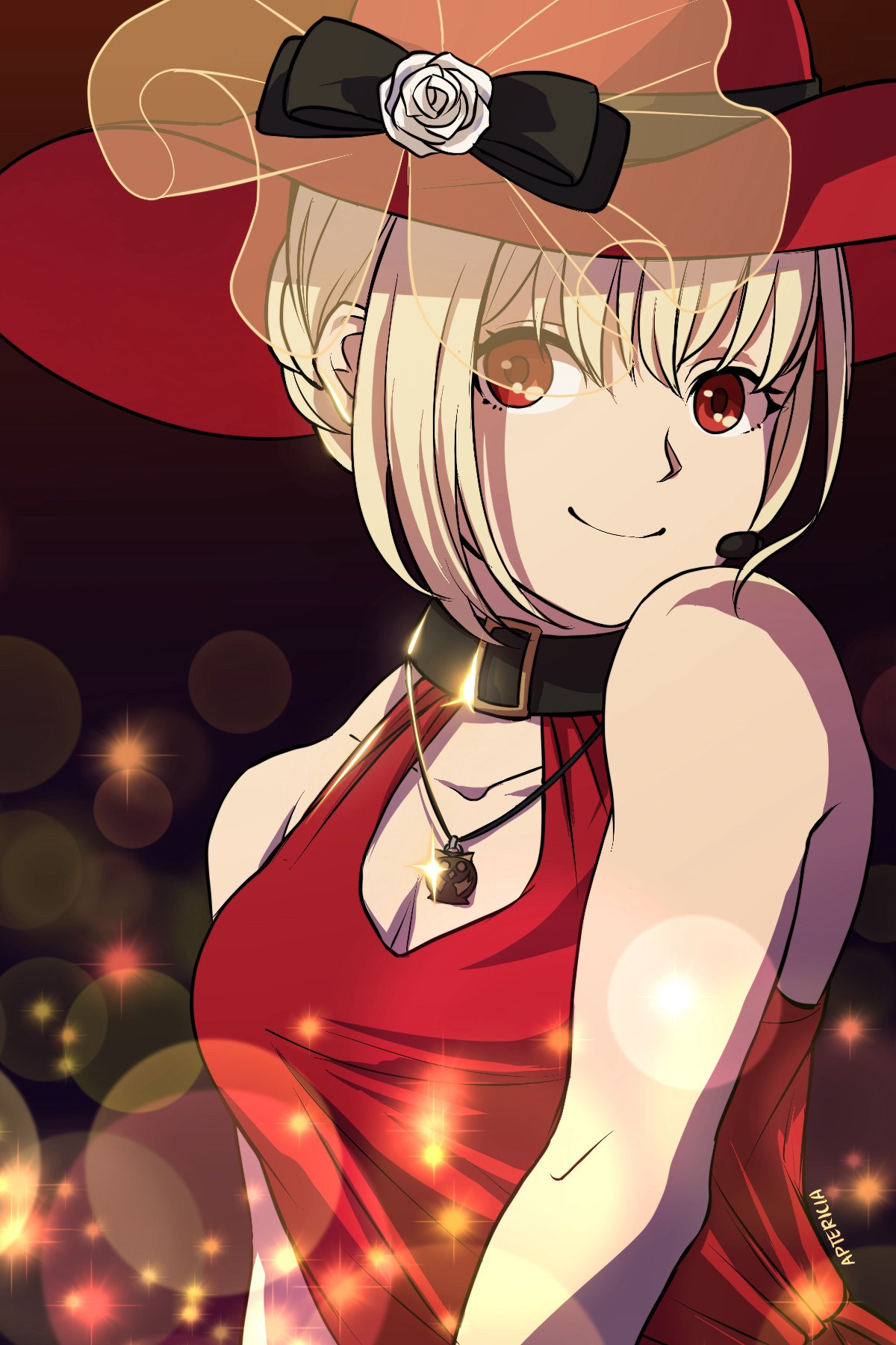 digital fanart of Chisato from Lycoris Recoil. She is shown from the waist up, raising her shoulder to her chin and smiling coyly. She wears her red dress and hat from episode 7. The background is dark and gold sparkles float around the bottom of the image.