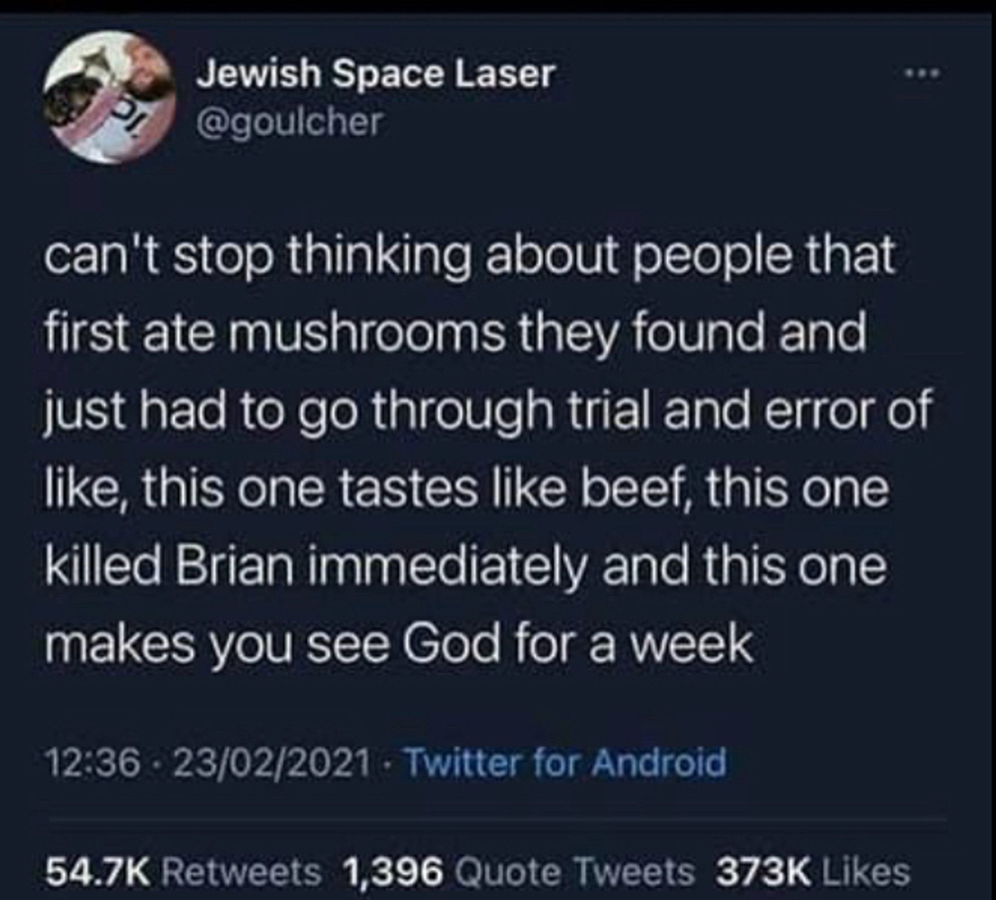 A tweet that states “can’t stop thinking about people that first ate mushrooms they found and just had to go through trial and error like , this one tastes like beef, this one killed Brian immediately and this one makes you see God for a week”