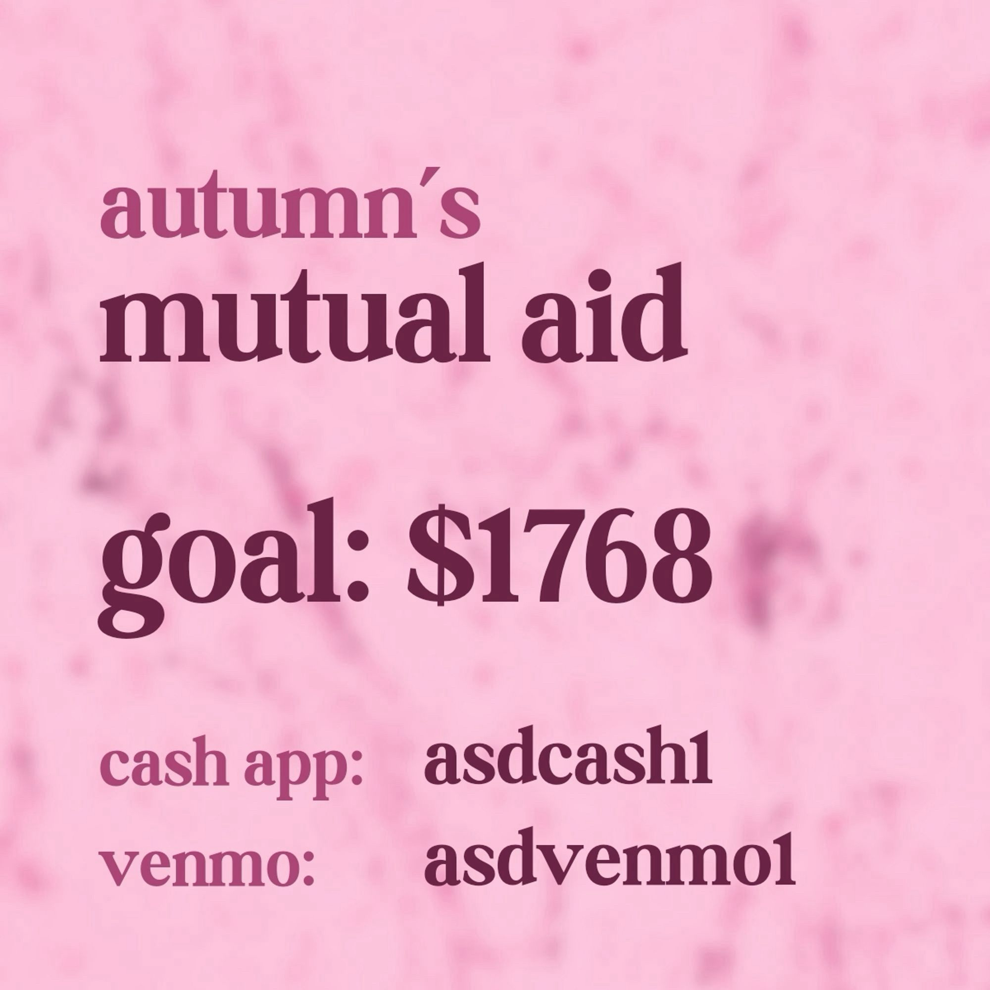 autumn's mutual aid
goal: $1768
cash app: asdcash1
venmo: asdvenmo1