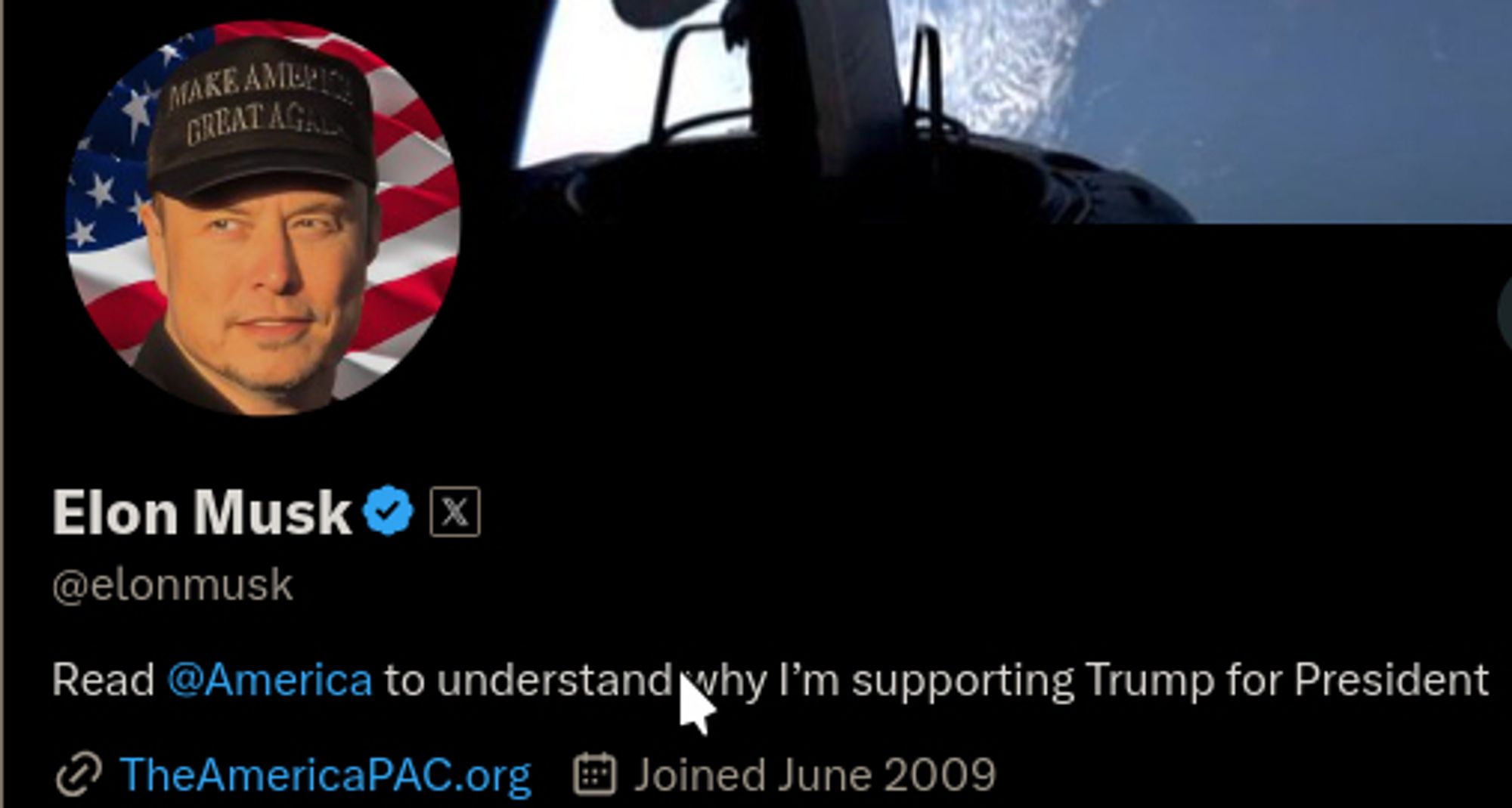 Elon Musk's current Twitter/X profile, endorsing Trump for president, wearing a MAGA hat and linking to a SuperPAC to support Trump, whilst constantly Tweeting attacks against anything left of Fascism.