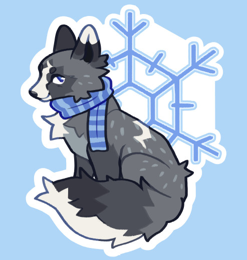 A cute sticker design of a silver fox with a blue scarf. There's a snowflake in the background of the sticker.