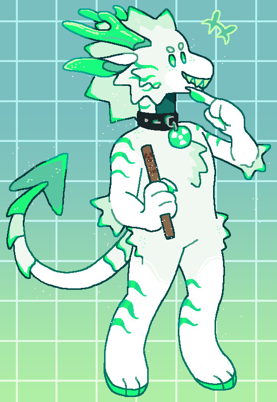 A grinning anthropomorphic dragon with a Cobalt 60 rod in his hand. There are small white artifacts surrounding him and the stick. He's wearing a collar with a green tag with the radiation symbol on it. This artwork is very simplified and not shaded.