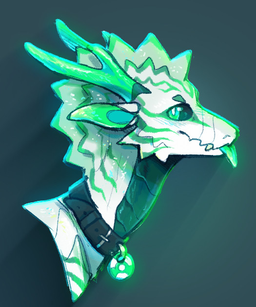 A portrait of the same dragon as the previous image, except not anthropomorphic. He's wearing the same collar and sticking his tongue out with a neutral expression. This image is fully shaded in a more painterly style.