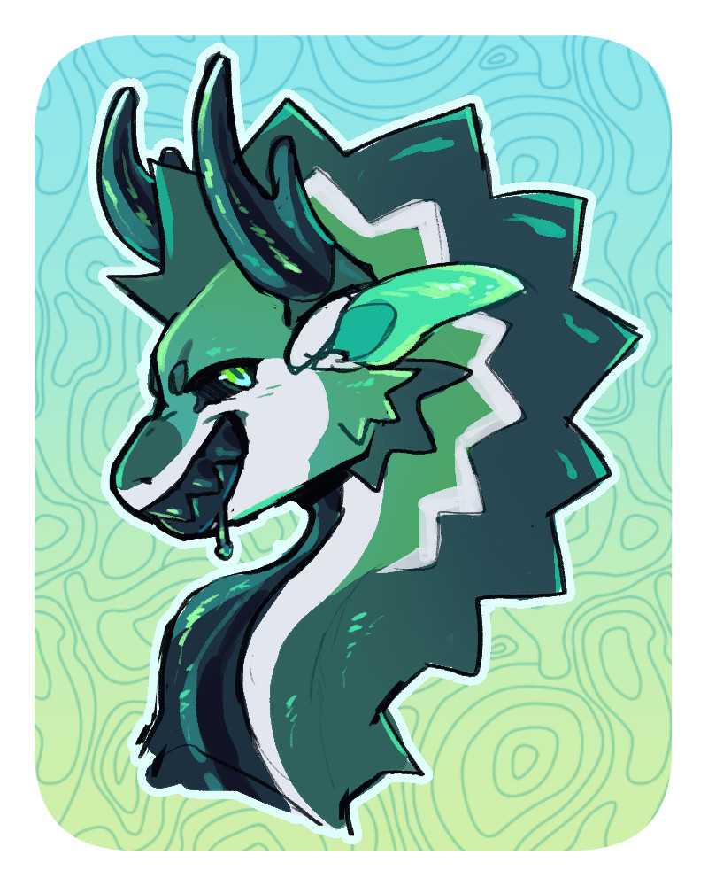 A headshot of a green dragon grinning. He has black teeth and black horns, with similarly black drool dripping from his mouth. This artwork is more cartoony and cel shaded.