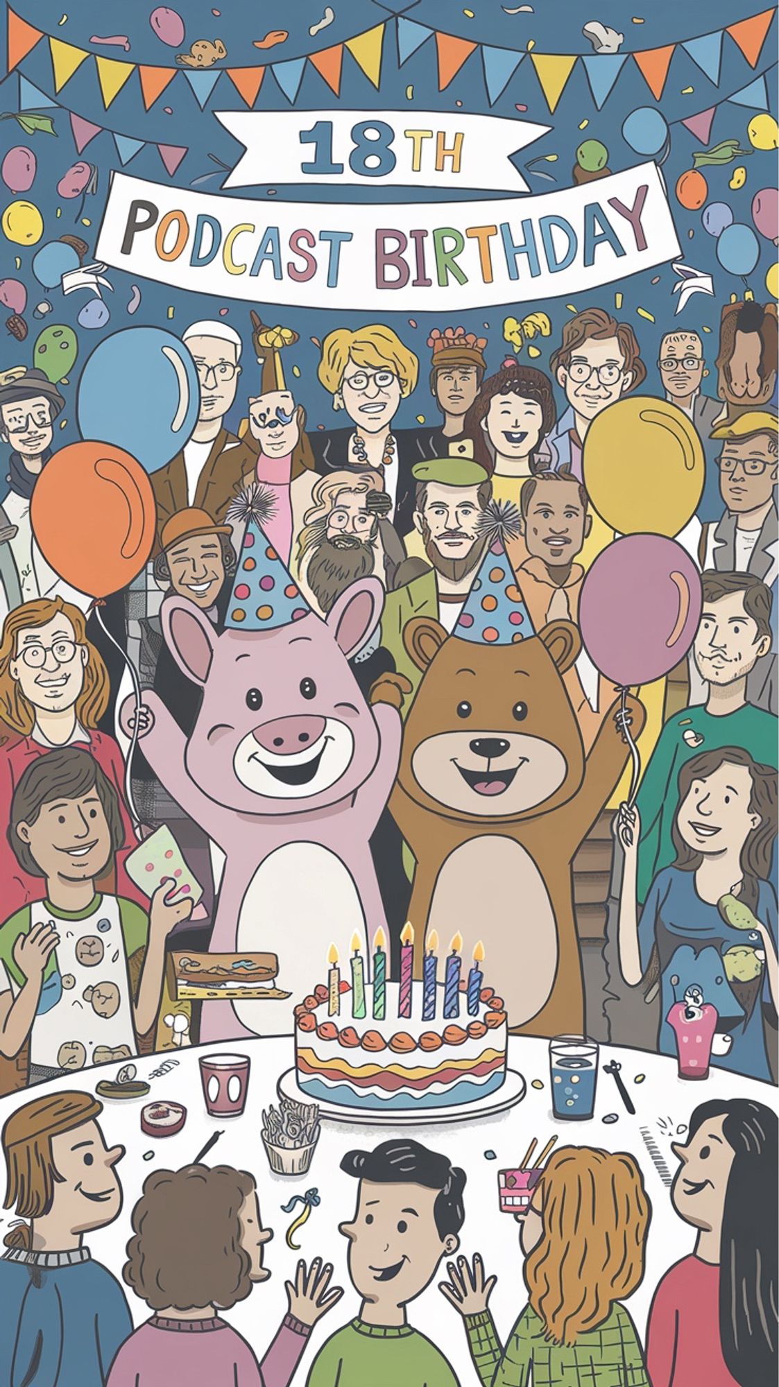 Ein unfassbar schlechtes KI-Bild von zwei Podcastern namens Esel und Teddy, die ihren 18. Geburtstag mit Gästen feiern.