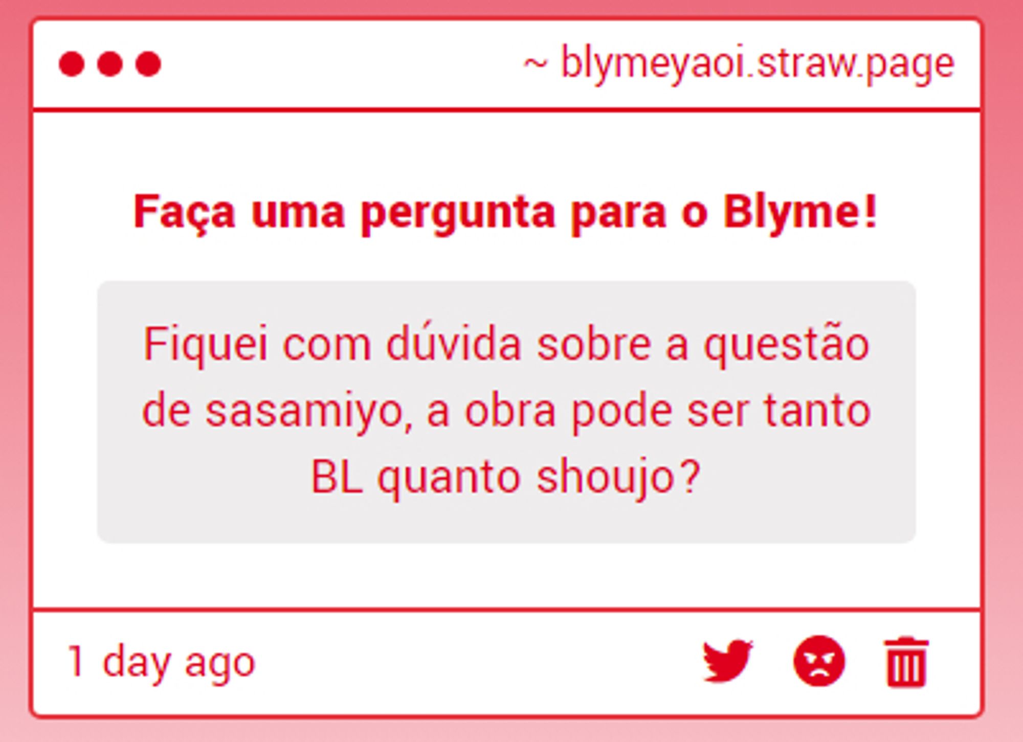 Pergunta: Fiquei com dúvida sobre a questão de sasamiyo, a obra pode ser tanto BL quanto shoujo?