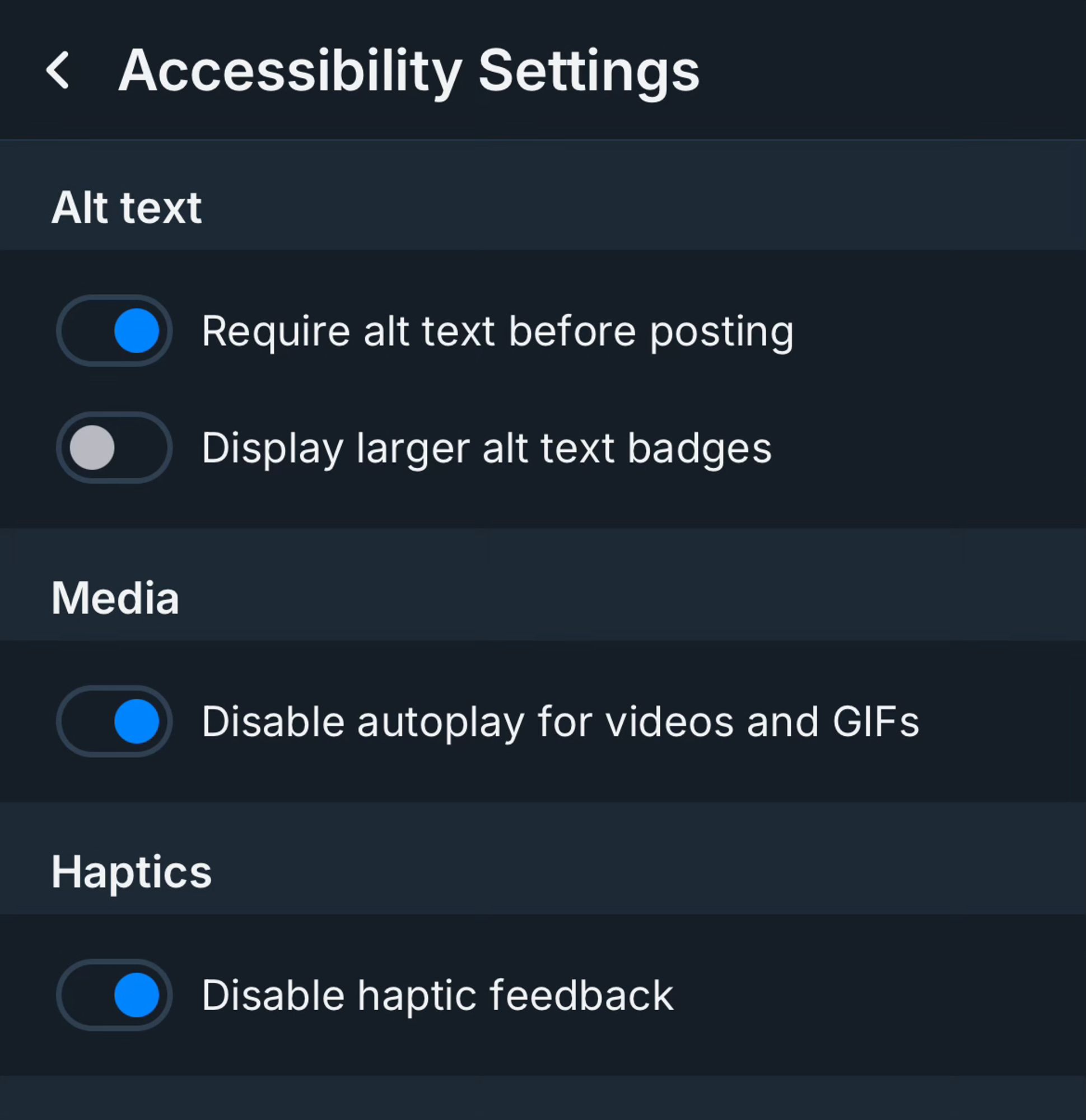 Screenshot of “Accessibility Settings” panel. Under “Media” there is a toggle for “Disable autoplay for videos and GIFs.”