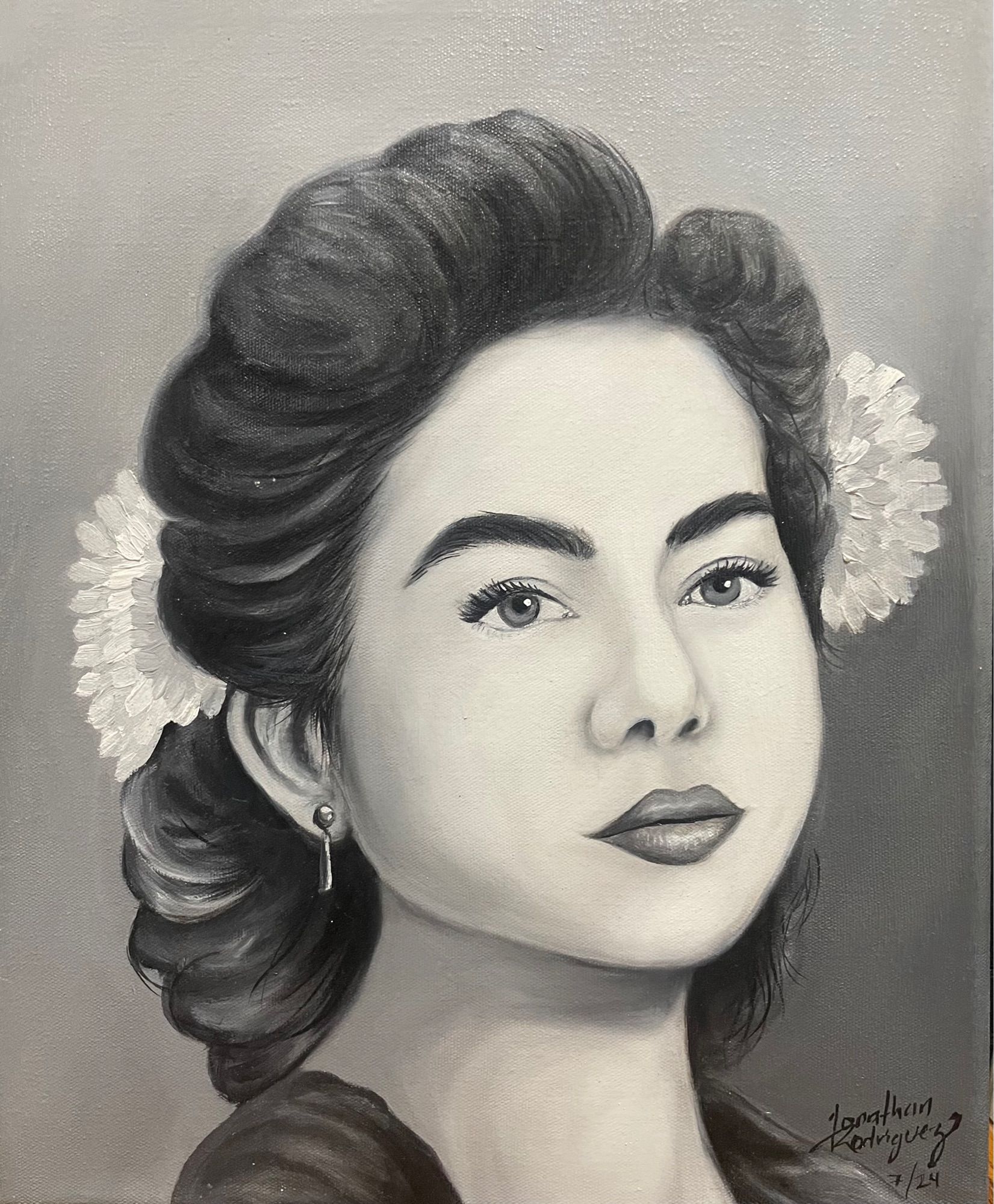 Painting based on black and white photo. The girl gazes into the distance. Her hair is braided and pinned up with white flowers. She is stunning.