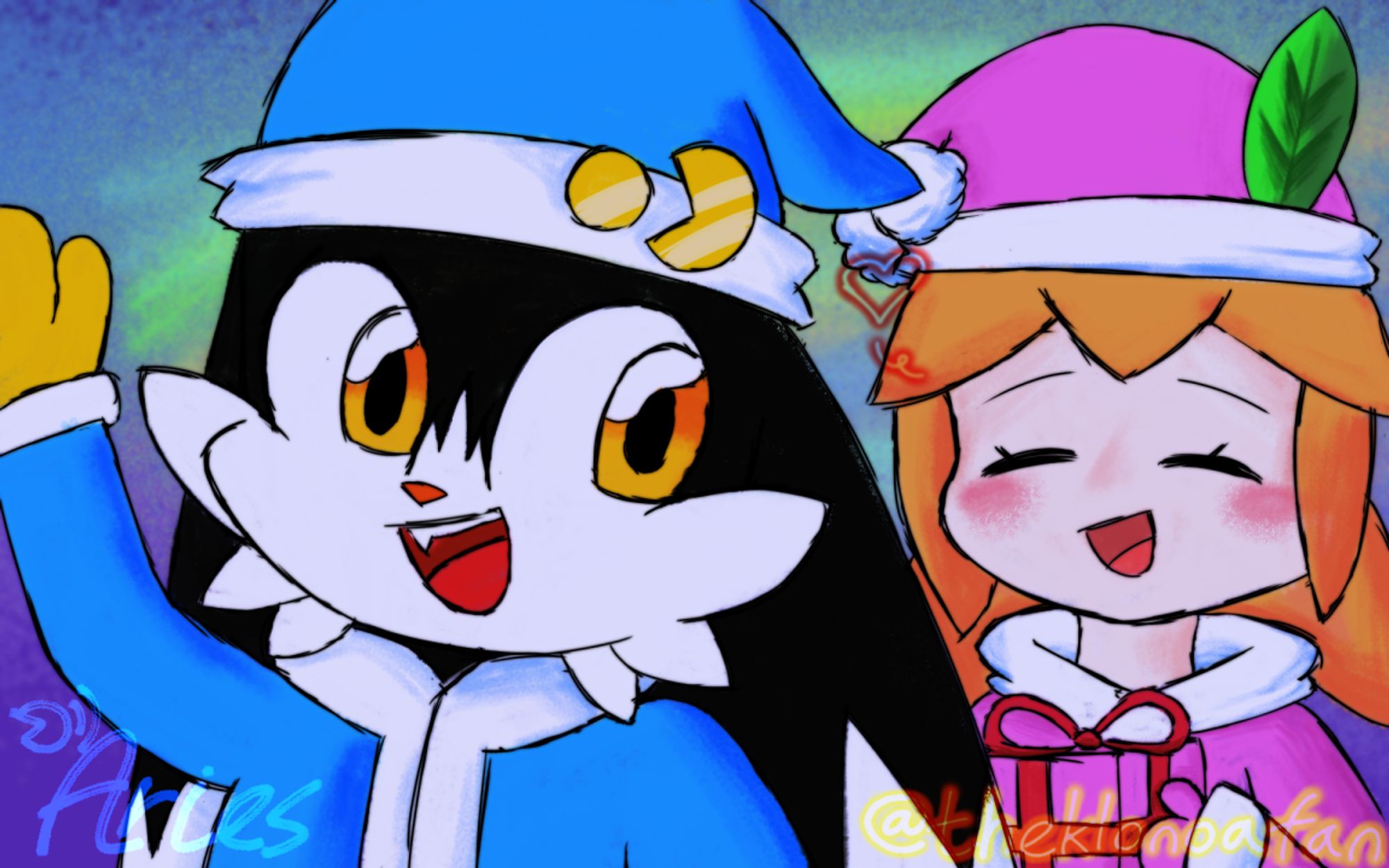 Klonoa wearing a blue Santa outfit with Lolo wearing an accompanying outfit in pink, holding a gift