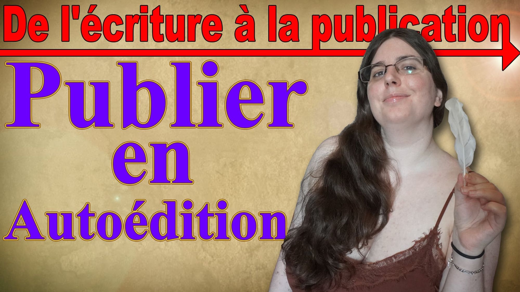 Miniature de la vidéo Tatanexua, de l'écriture à la publication, qui sort mercredi 4 septembre. Le thème: publier en autoédition est écrit en bleu violet. On voit aussi Mari qui tient une plume blanche entre ses doigts, qui porte un haut marron type débardeur.