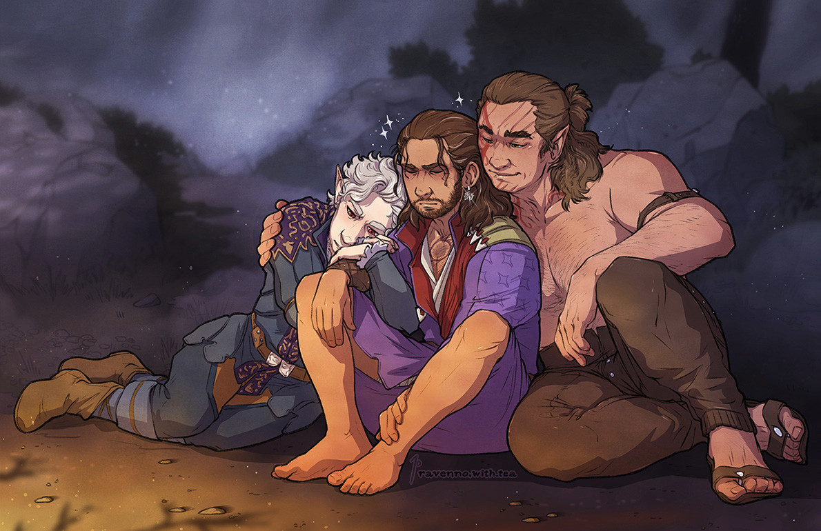 digital illustration fanart of characters from Baldur's Gate 3. Astarion, Gale Dekarios (Gale of Waterdeep), and Halsin are huddled up together by the campfire for the evening.