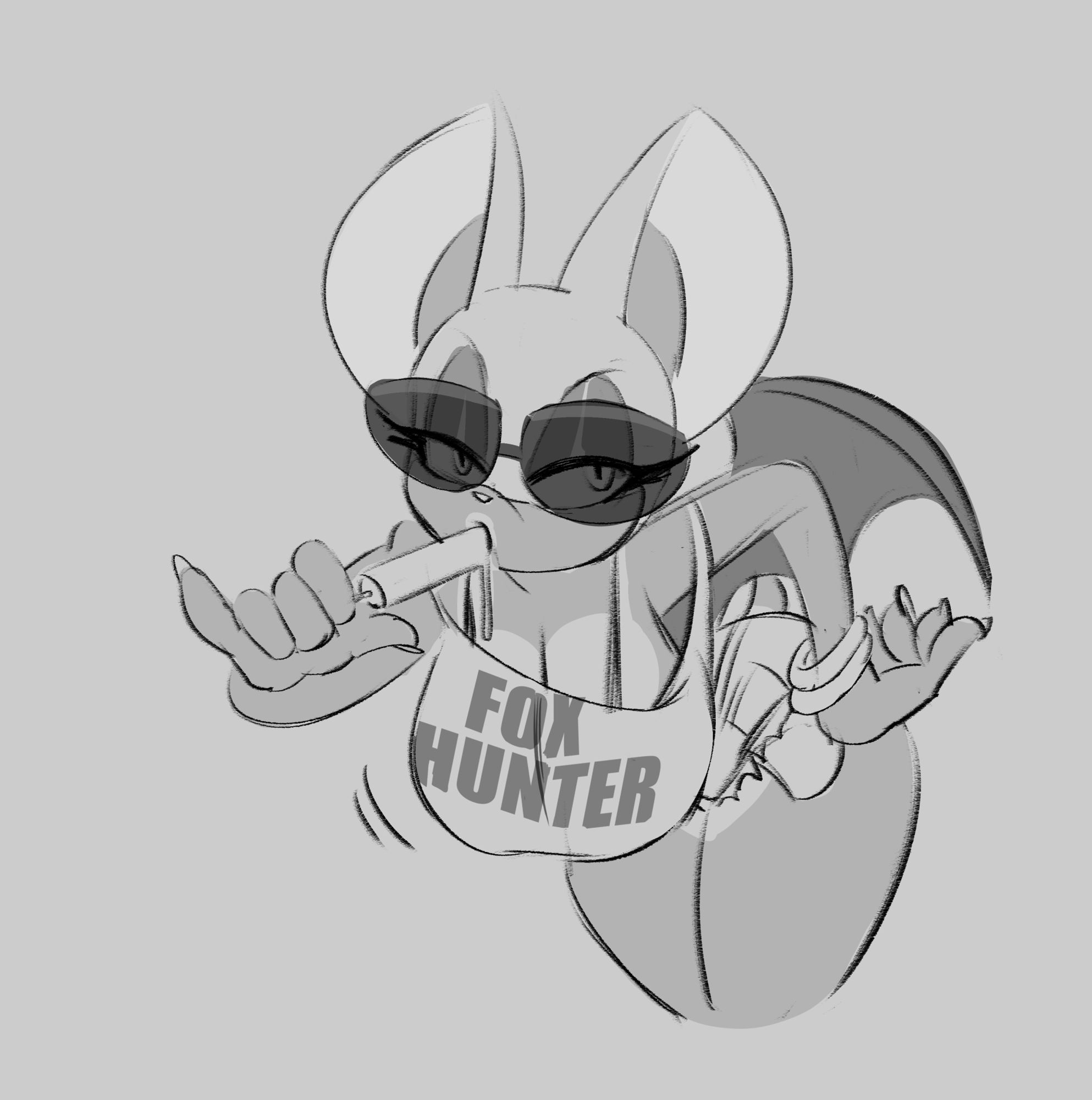 A sketch of a tanned Rouge the Bat wearing a "Fox Hunter" shirt while sucking a popsicle.