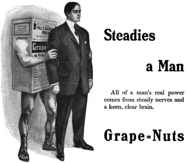 Vintage grape nuts cereal ad. An anthropomorphic box of G-nuts with thick sexy legs holds a man in a suit from behind.