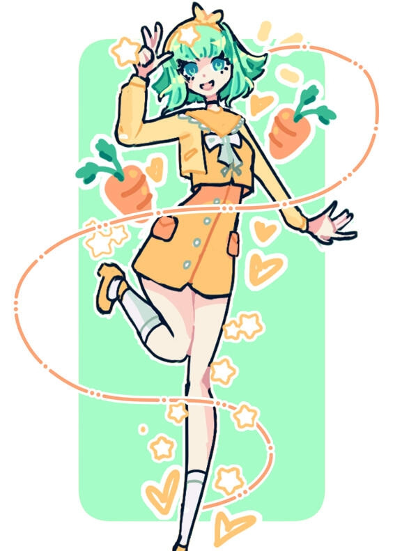 gumi in a cute orange outfit with carrots stars and hearts surrounding her jumping up with a peace sign 