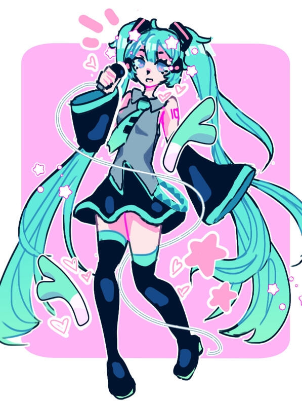 miku in her usual outfit holding a microphone holding a leek by her and stars and hearts floating around her 