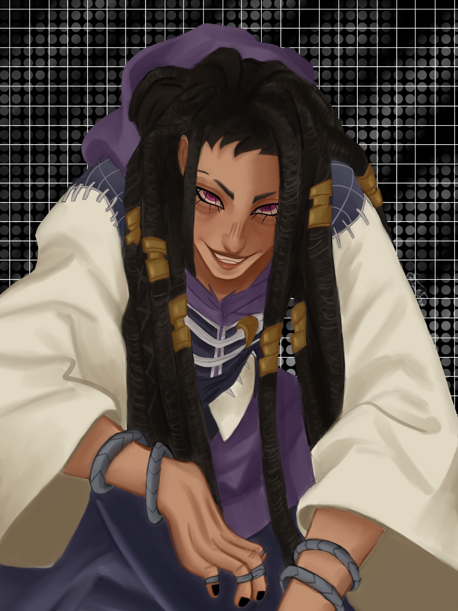 Jabber from Gachiakuta crouching down and smiling menacingly 