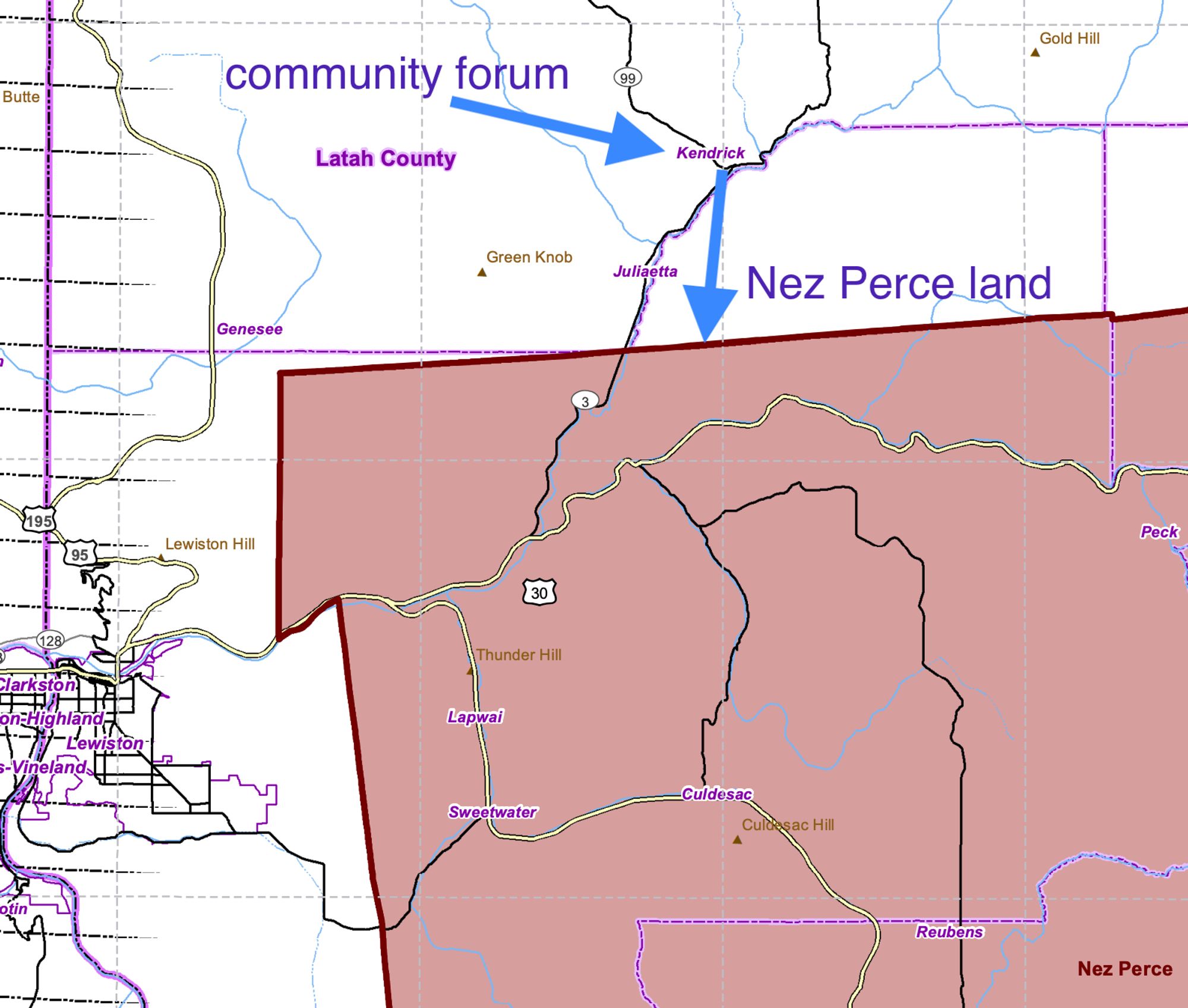 map of a section of Northern Idaho.

Top left, Latah County. An arrow points to the town of Kendrick. Text reads: "community forum."
Another arrow points south. It is label Nez Perce land.

Nez Perce land indicated by a reddish-clay color is by far the largest area noted on tis map.

On the bottom left, toward the west and slightly south are the towns of Lewiston, Clarkston and others. They are in Nez Perce County.