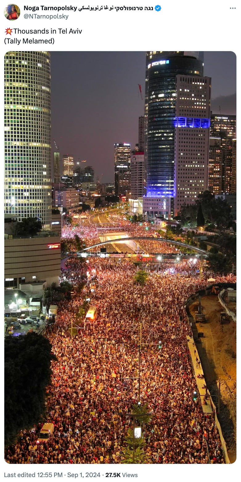 Noga Tarnopolsky נגה טרנופולסקי نوغا ترنوبولسكي
@NTarnopolsky
💥Thousands in Tel Aviv
(Tally Melamed)

very long vertical photograph from very high up of the heart of Tel Aviv at night. The highway is thronged with thousands of protesters. modern high-rise buildings gleaming overhead.
Last edited
12:55 PM · Sep 1, 2024
·
27.5K
 Views